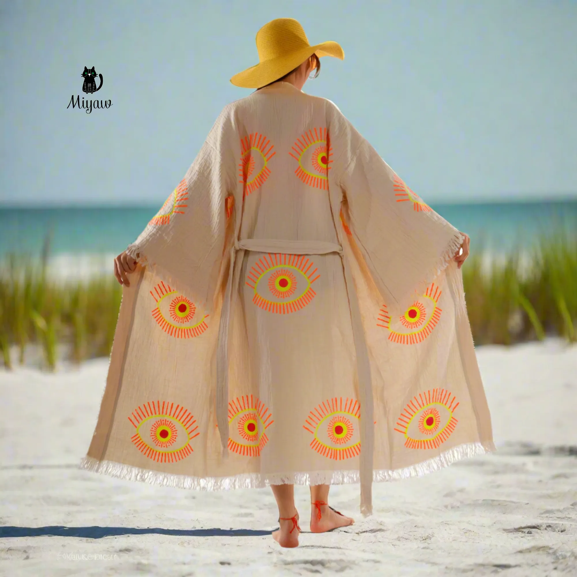 Beige Evil Eye Kimono Robe – Organic Cotton Boho Style sold by Miyaw Fashion product image thumbnail 2