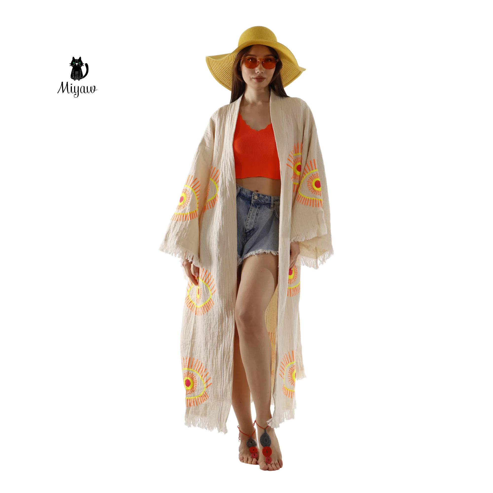 Beige Evil Eye Kimono Robe – Organic Cotton Boho Style sold by Miyaw Fashion product image thumbnail 3