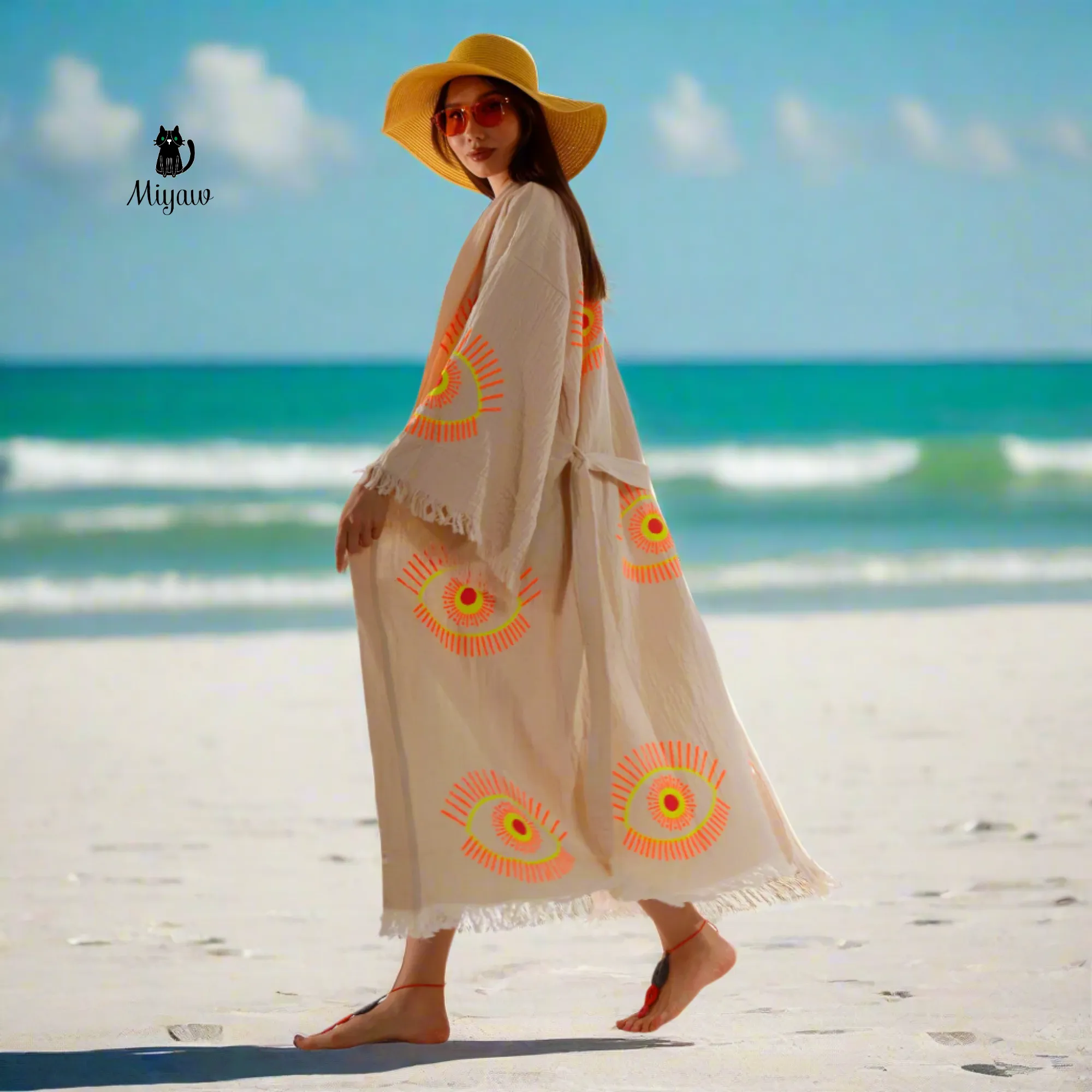 Beige Evil Eye Kimono Robe – Organic Cotton Boho Style sold by Miyaw Fashion