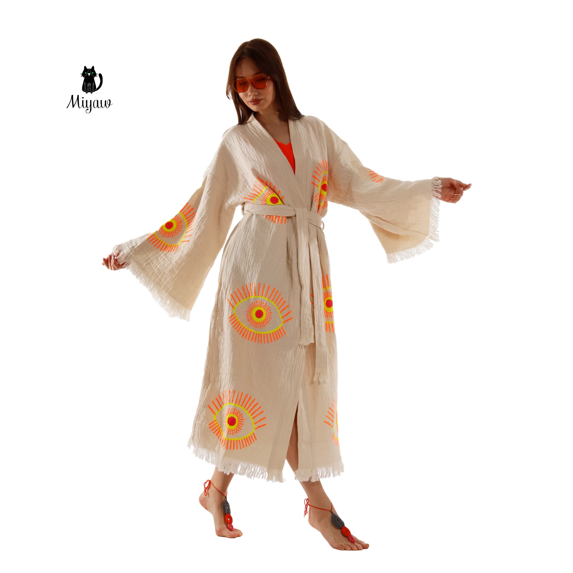 Beige Evil Eye Kimono Robe – Organic Cotton Boho Style sold by Miyaw Fashion product image thumbnail 4