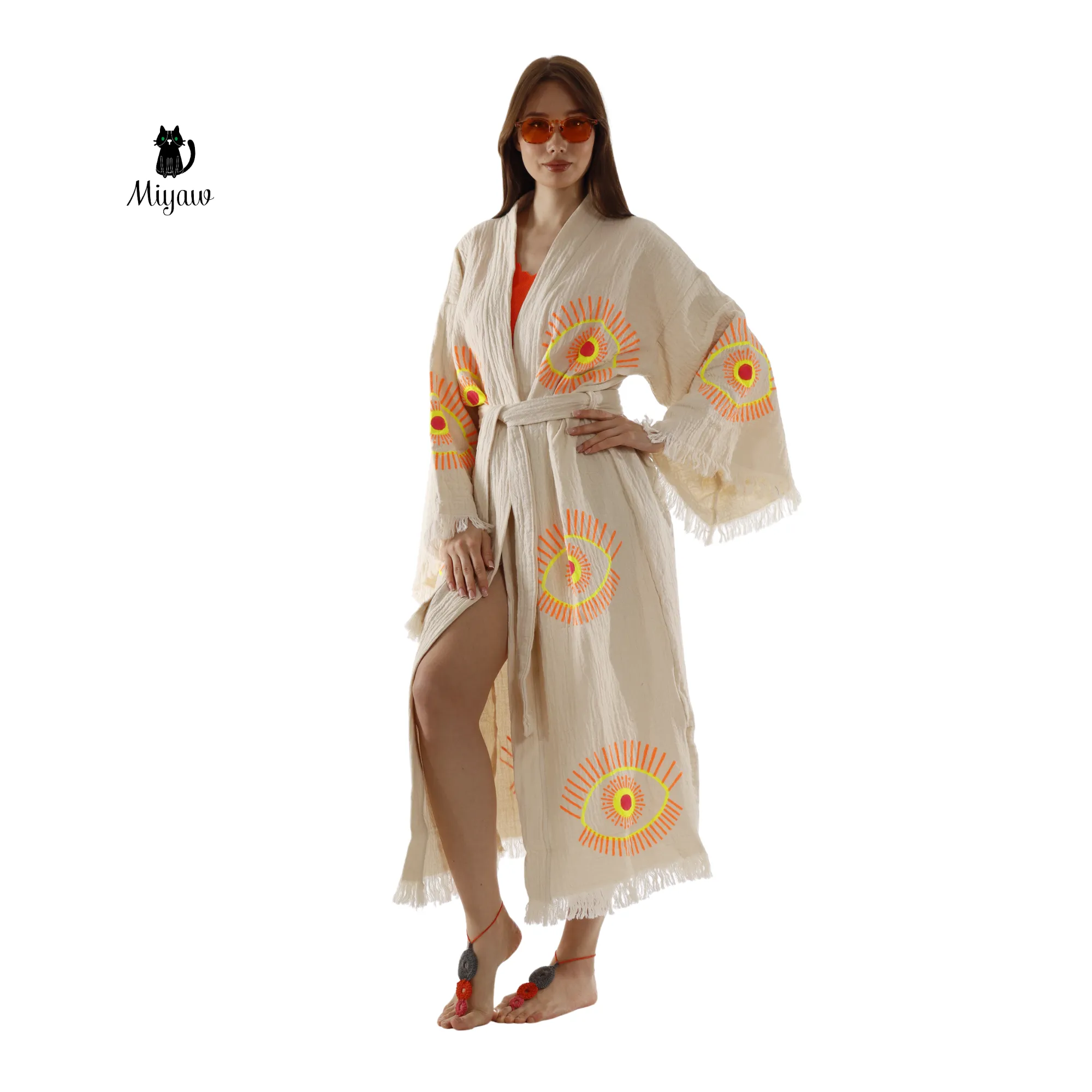 Beige Evil Eye Kimono Robe – Organic Cotton Boho Style sold by Miyaw Fashion product image thumbnail 5