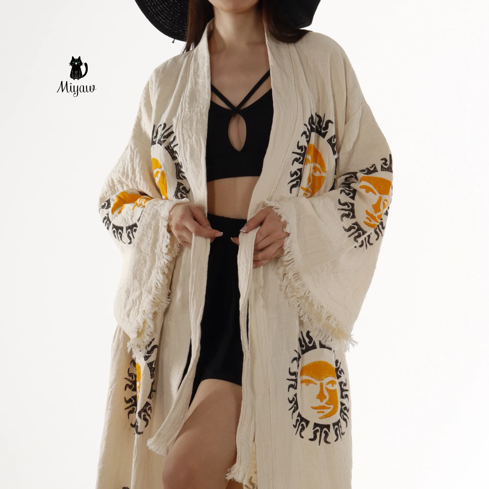 Boho Aztec Sun Kimono Robe – Organic Cotton Natural sold by Miyaw Fashion product image thumbnail 3