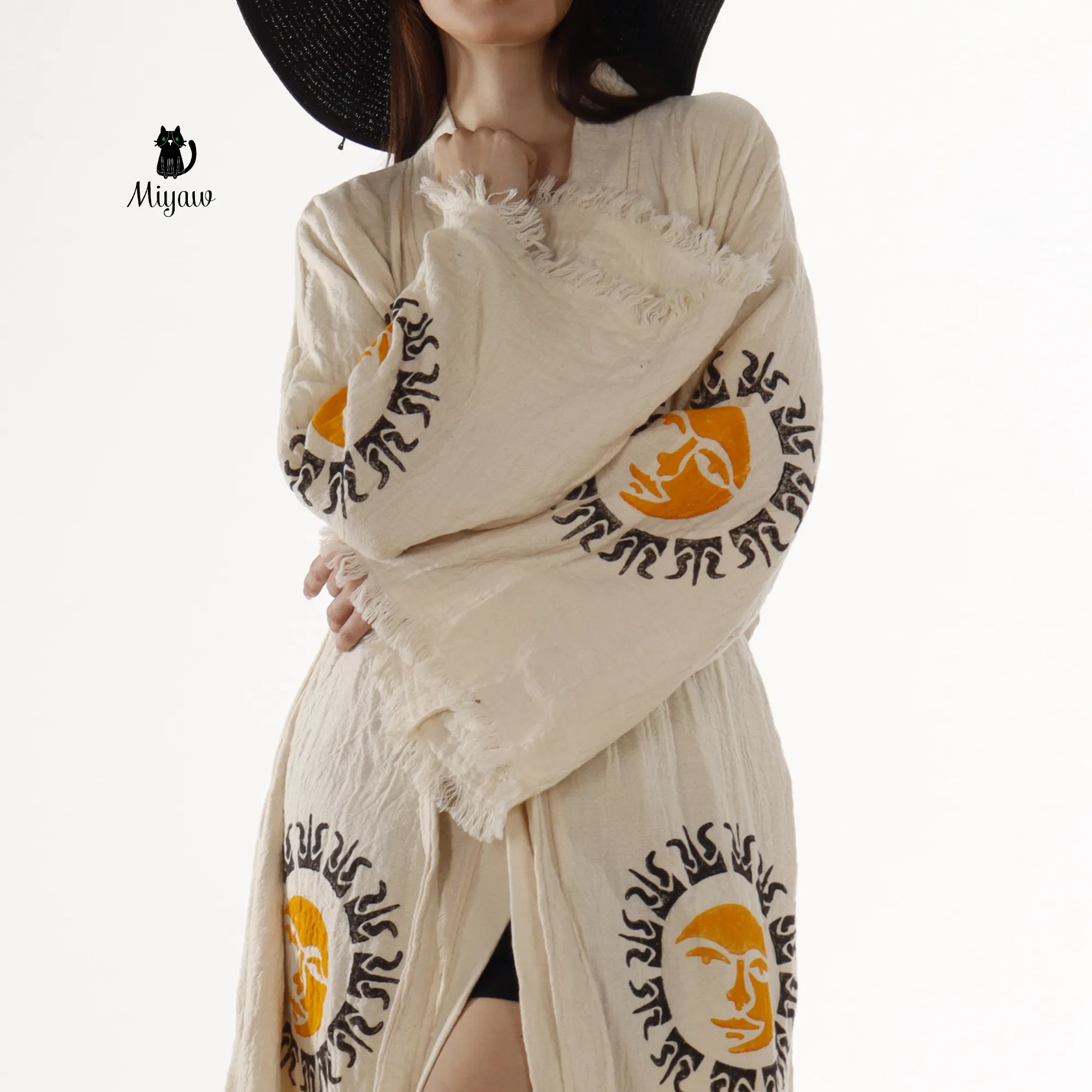 Boho Aztec Sun Kimono Robe – Organic Cotton Natural sold by Miyaw Fashion