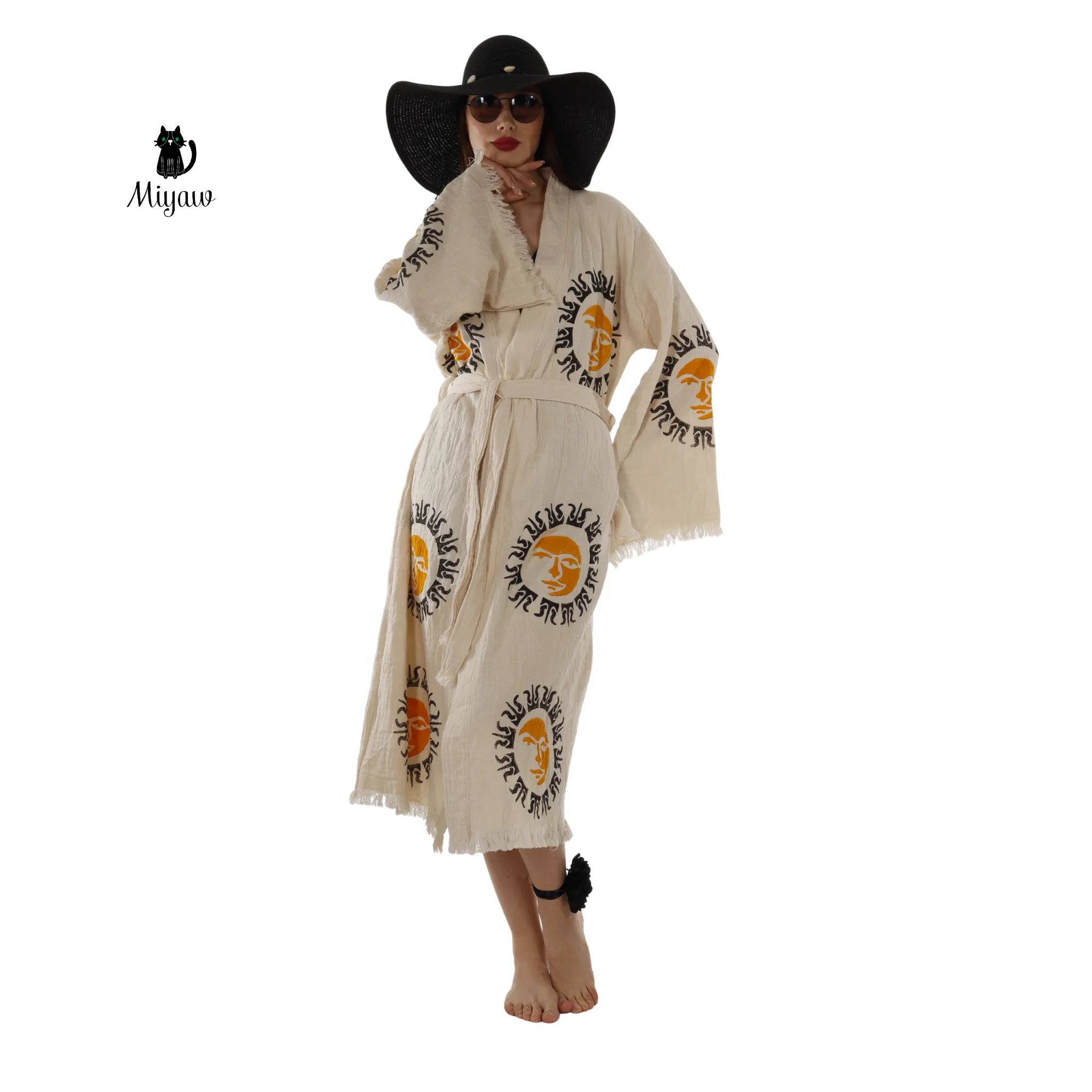 Boho Aztec Sun Kimono Robe – Organic Cotton Natural sold by Miyaw Fashion product image thumbnail 5