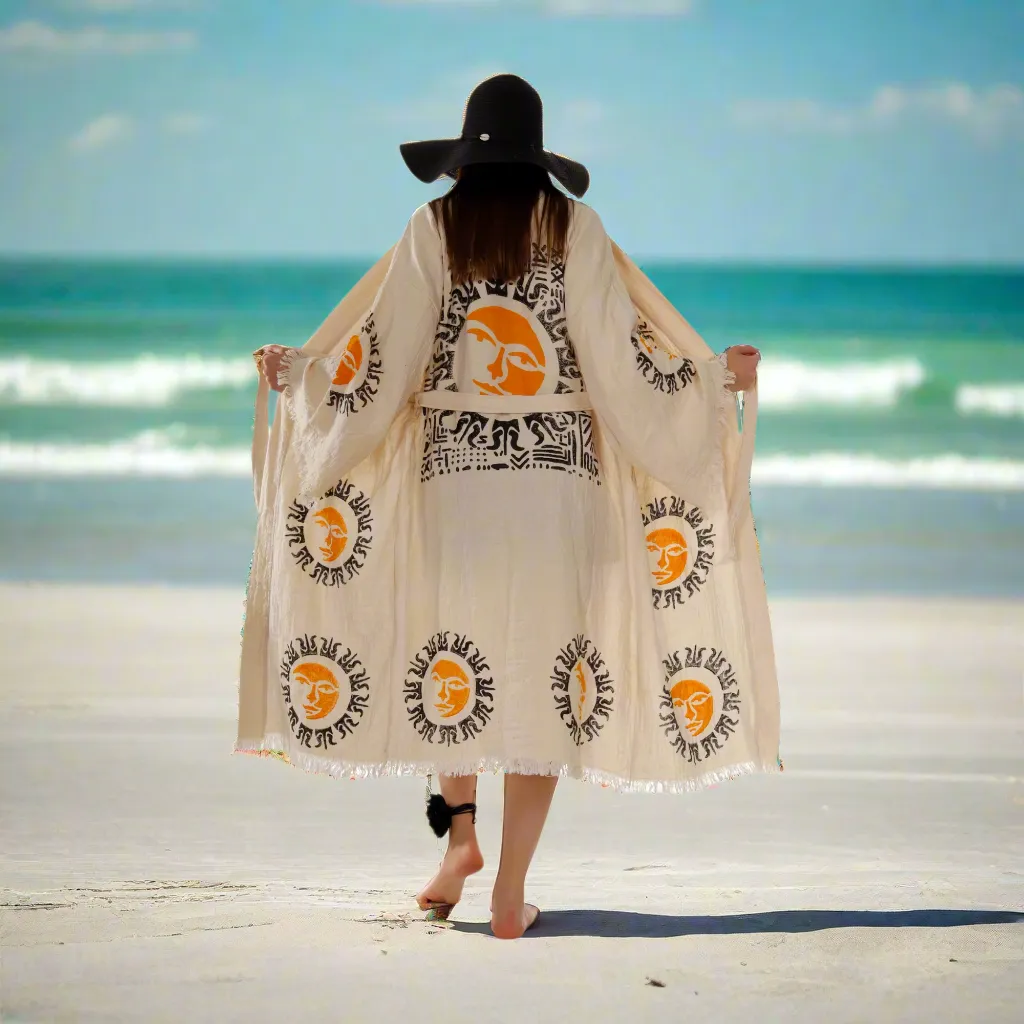 Boho Aztec Sun Kimono Robe – Organic Cotton Natural sold by Miyaw Fashion product image thumbnail 2