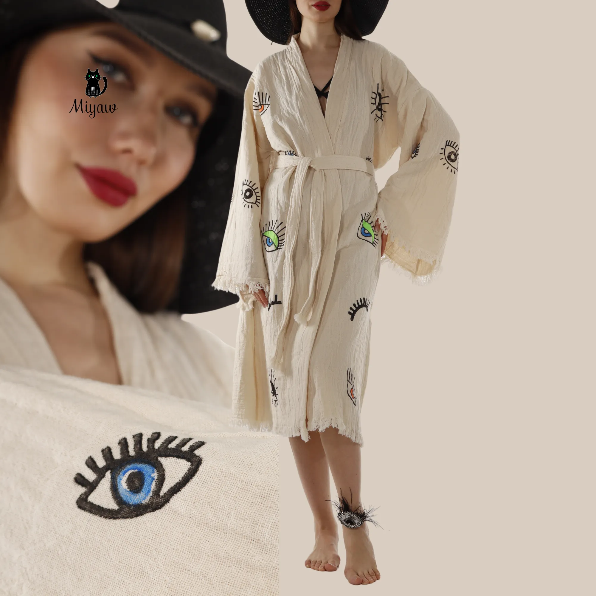 Wholesale Boho Organic Cotton Kimono – Eye Stamp Robe sold by Miyaw Fashion