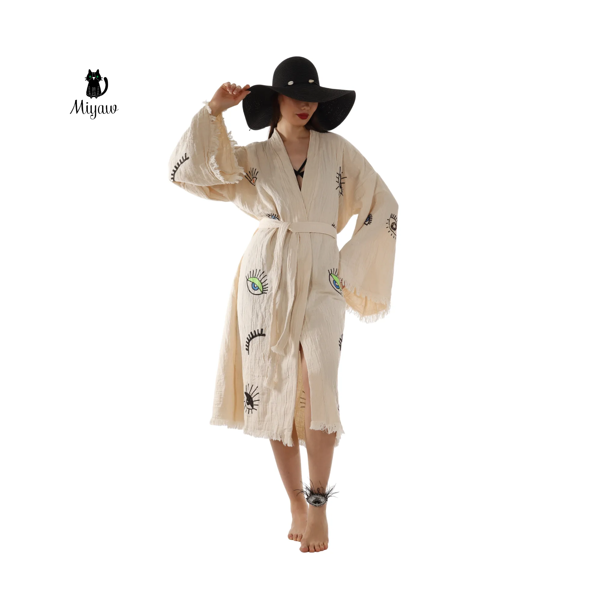 Wholesale Boho Organic Cotton Kimono – Eye Stamp Robe sold by Miyaw Fashion product image thumbnail 4