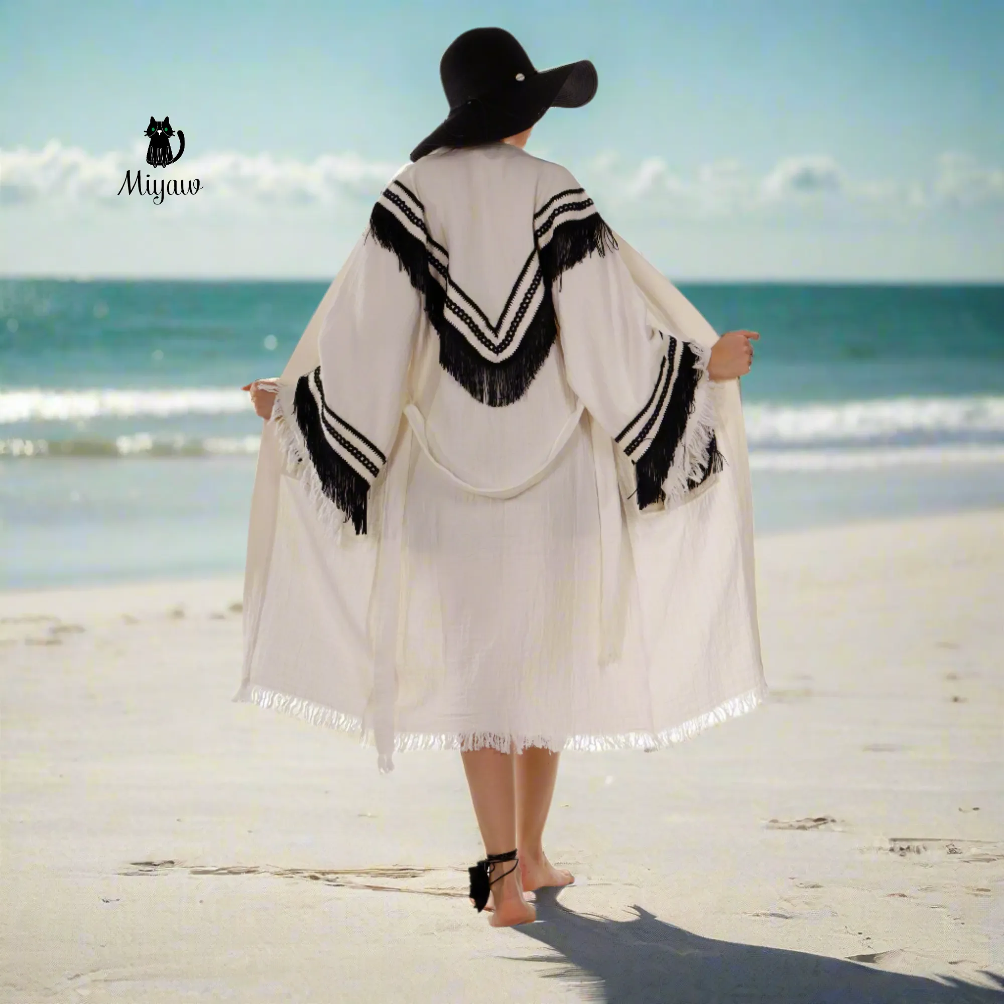 White Kimono Robe with Black Fringe – Boho Western Style sold by Miyaw Fashion