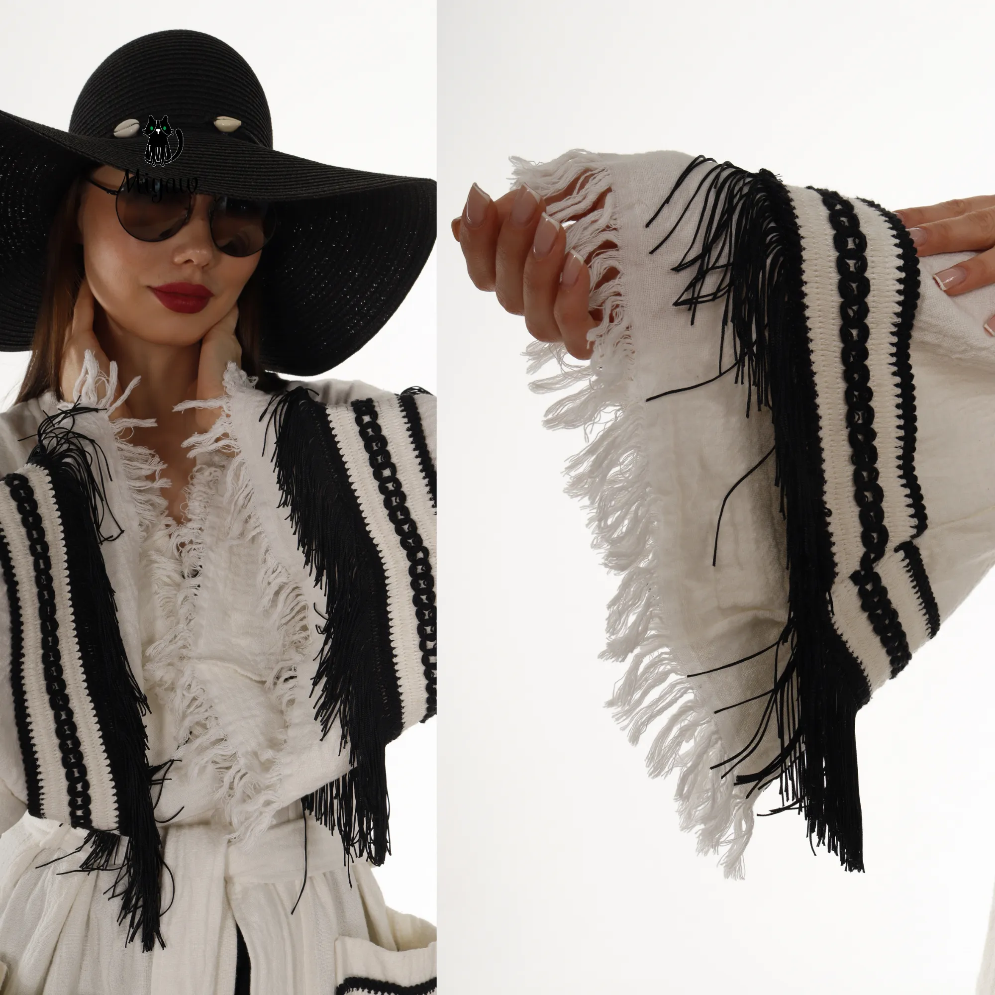 White Kimono Robe with Black Fringe – Boho Western Style sold by Miyaw Fashion product image thumbnail 3