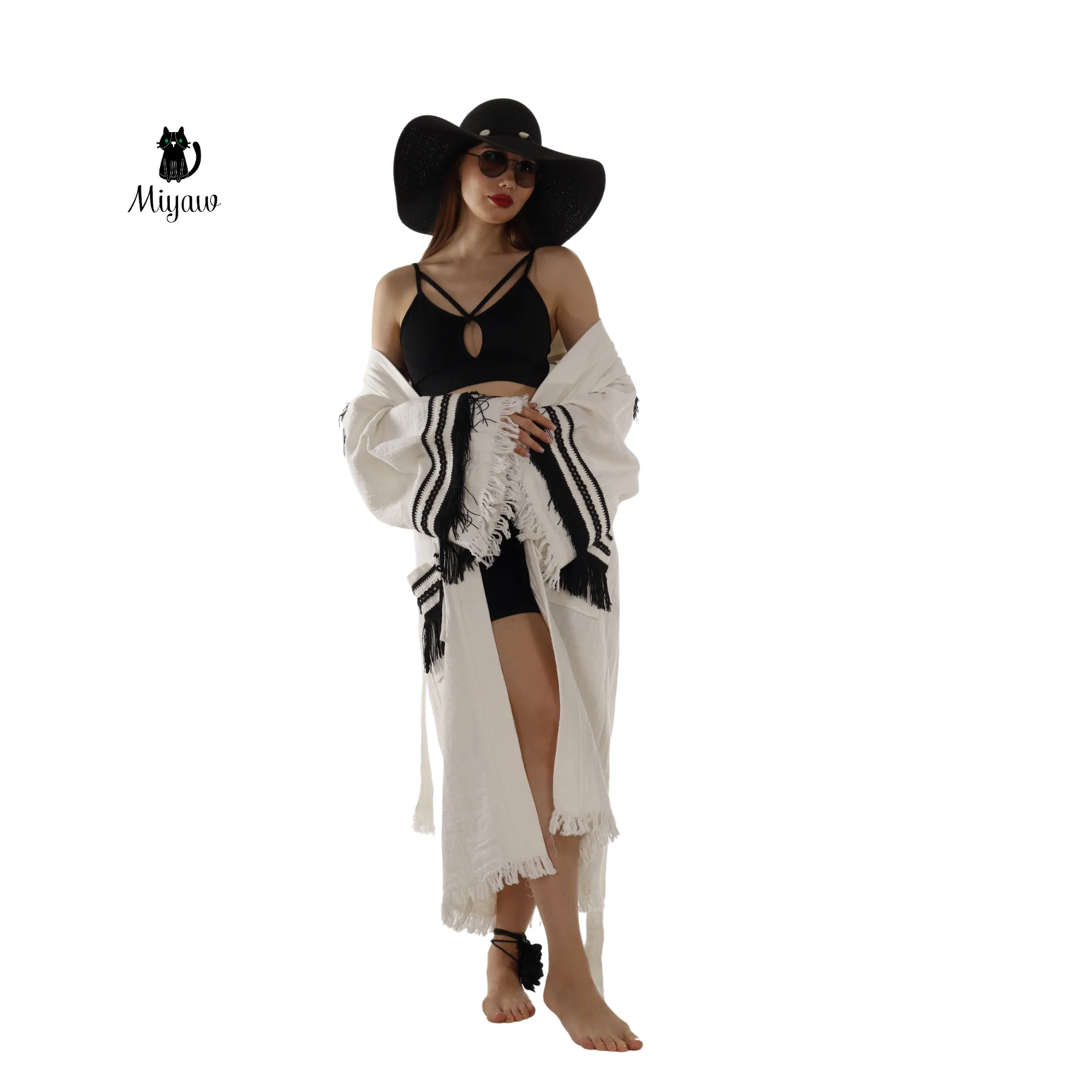 White Kimono Robe with Black Fringe – Boho Western Style sold by Miyaw Fashion product image thumbnail 5