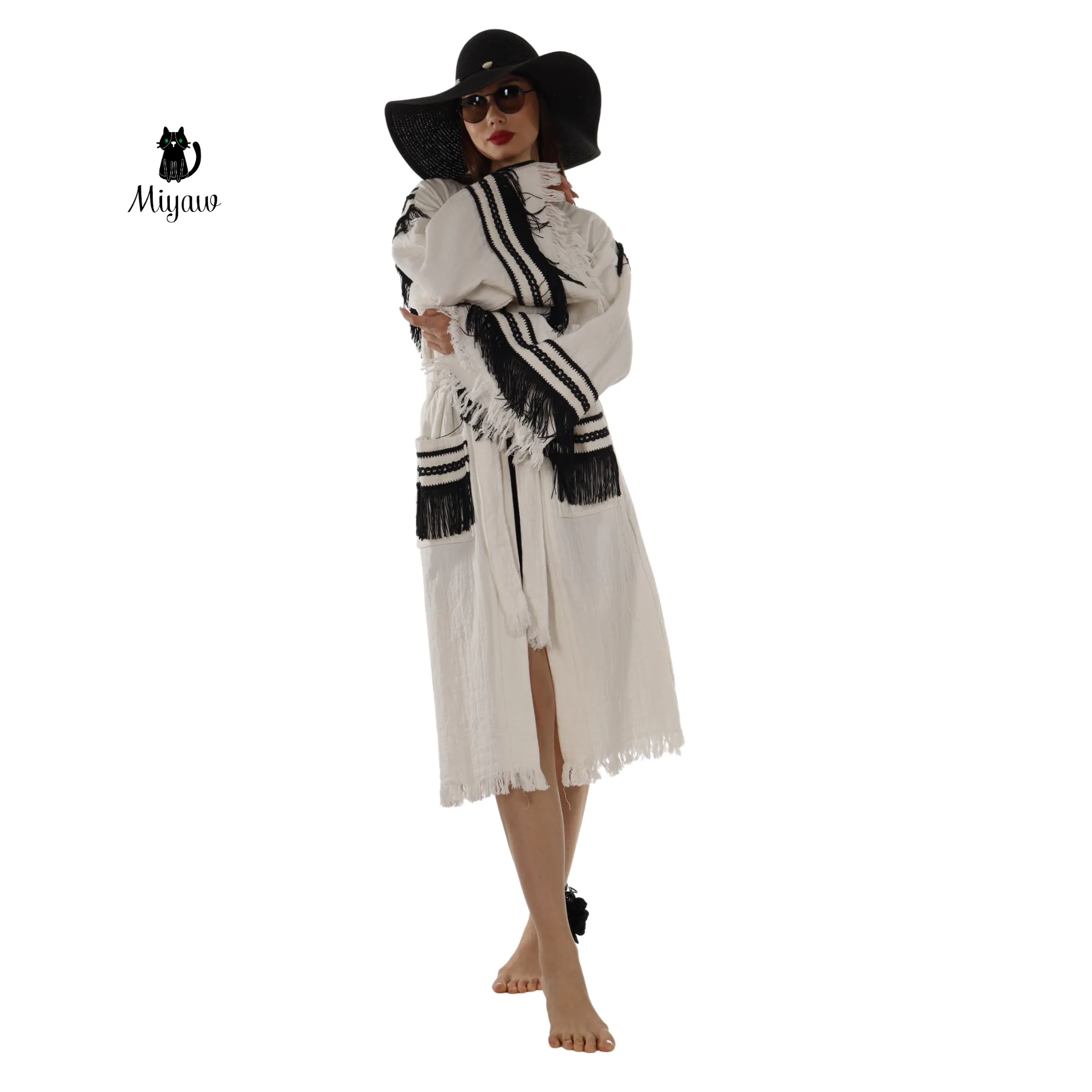 White Kimono Robe with Black Fringe – Boho Western Style sold by Miyaw Fashion product image thumbnail 2