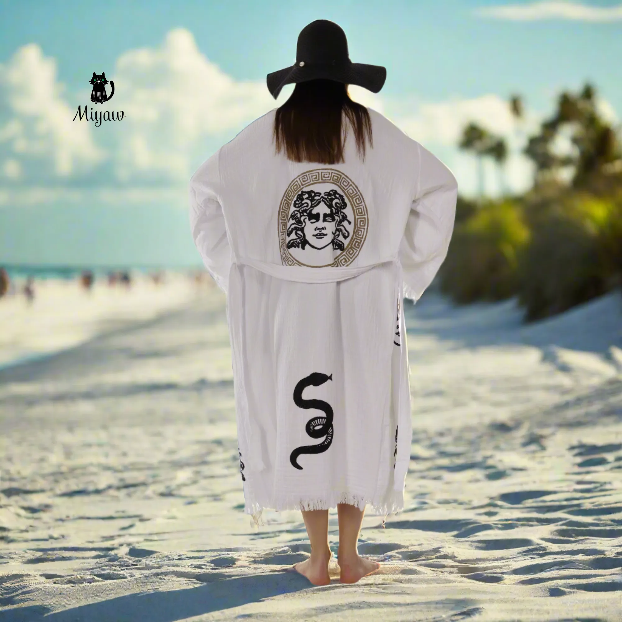 Medusa Stamp White Beach Kimono Robe sold by Miyaw Fashion