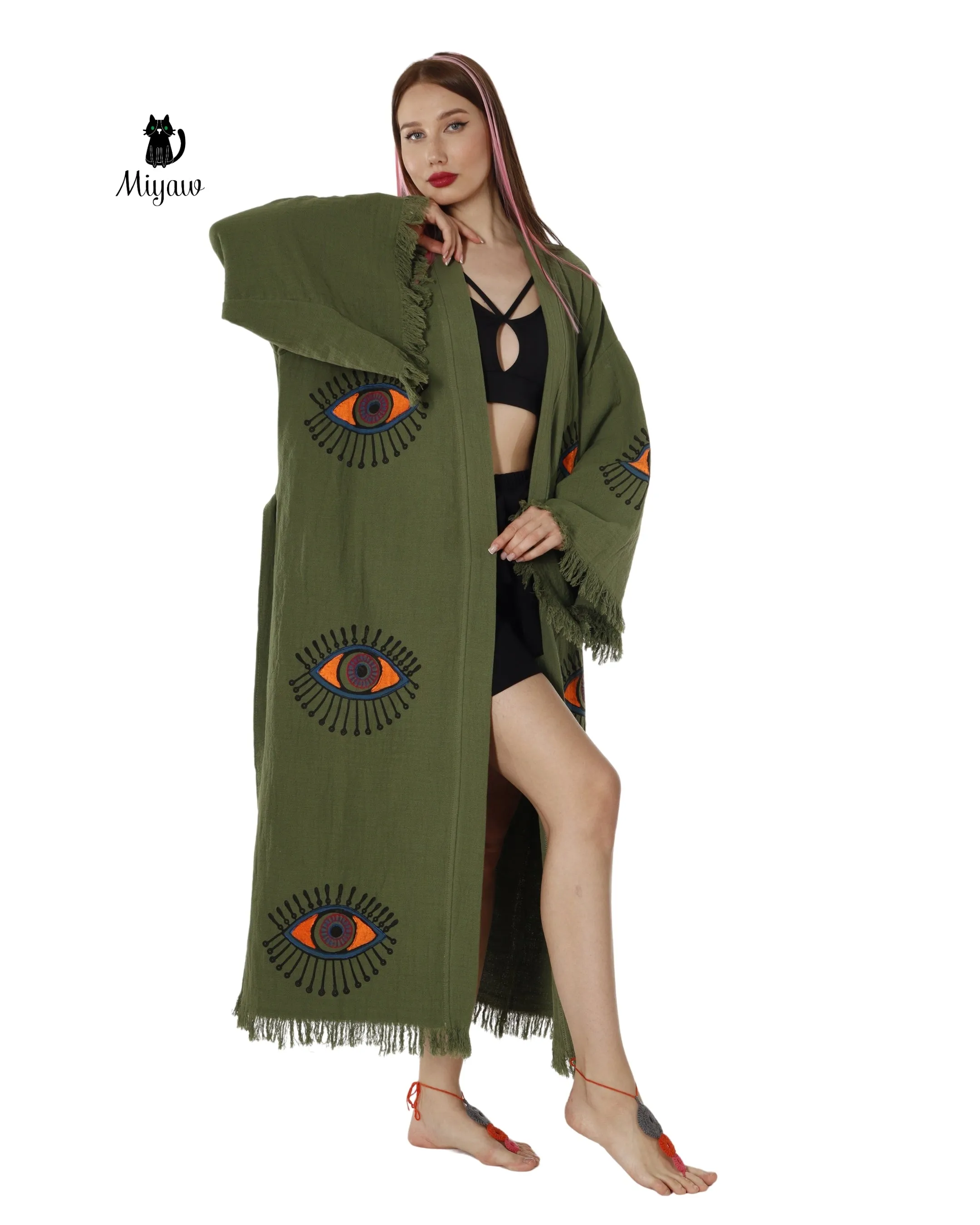 Boho Chic Green Organic Cotton Robe with Evil Eye Print sold by Miyaw Fashion product image thumbnail 3