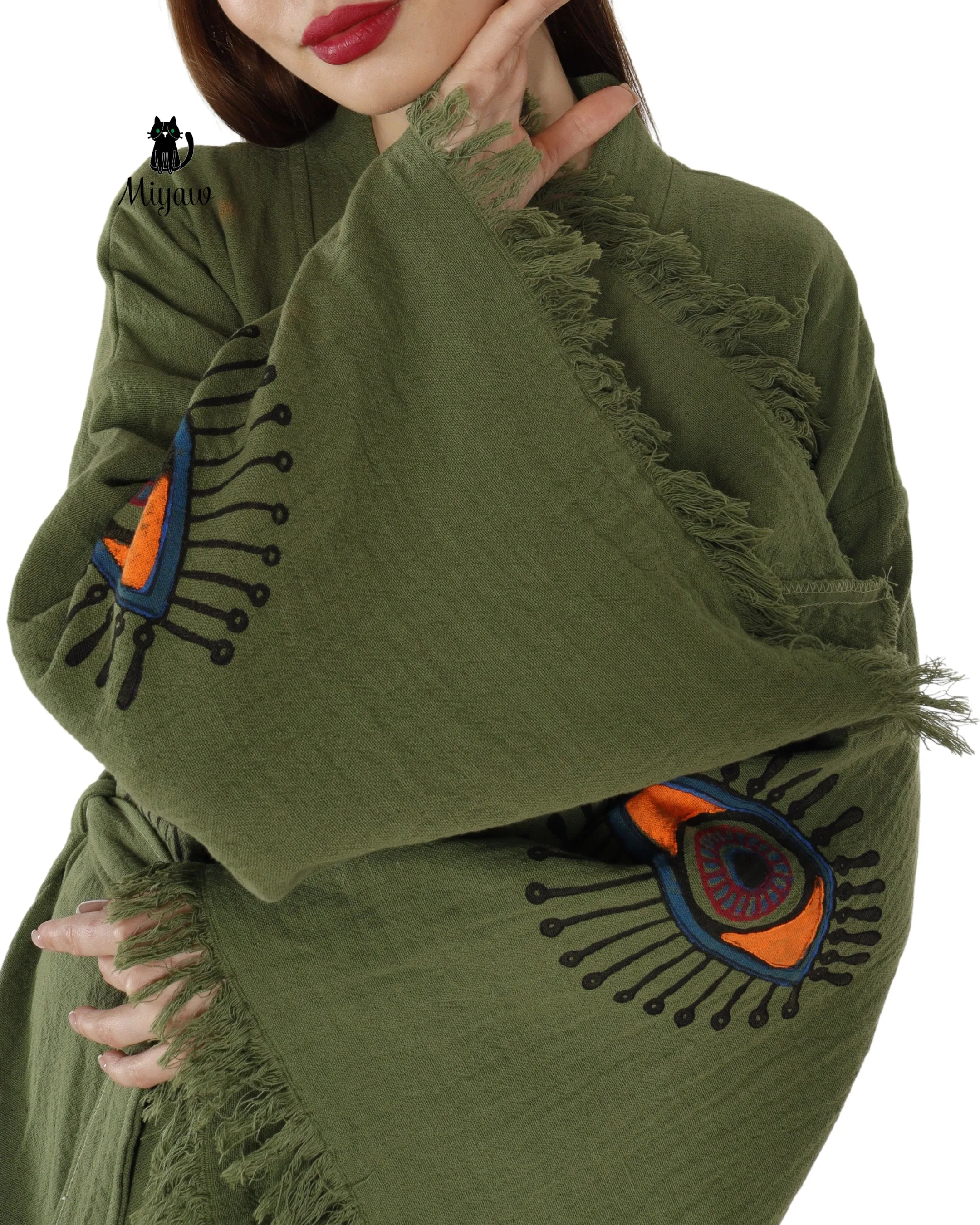 Boho Chic Green Organic Cotton Robe with Evil Eye Print sold by Miyaw Fashion