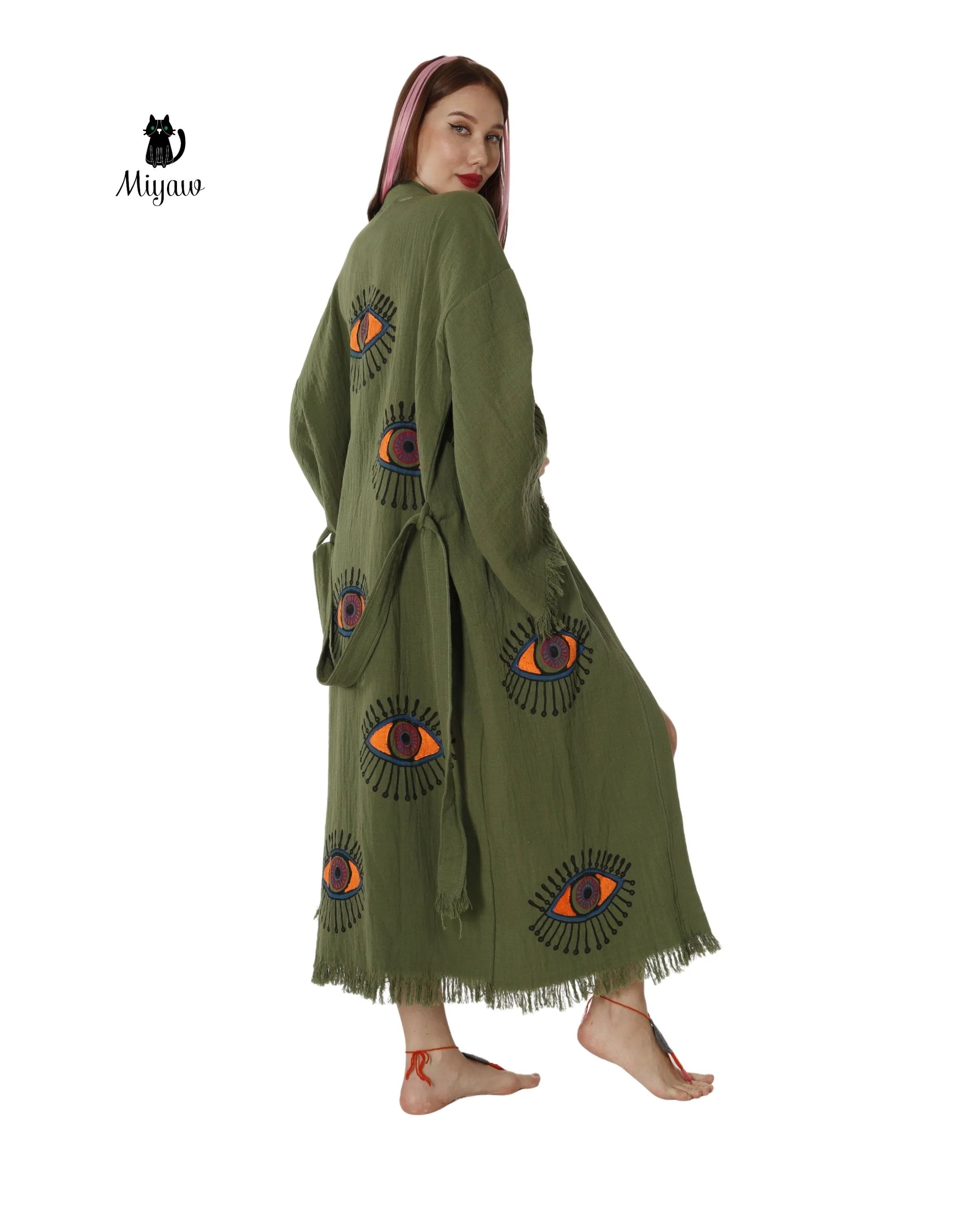 Boho Chic Green Organic Cotton Robe with Evil Eye Print sold by Miyaw Fashion product image thumbnail 4