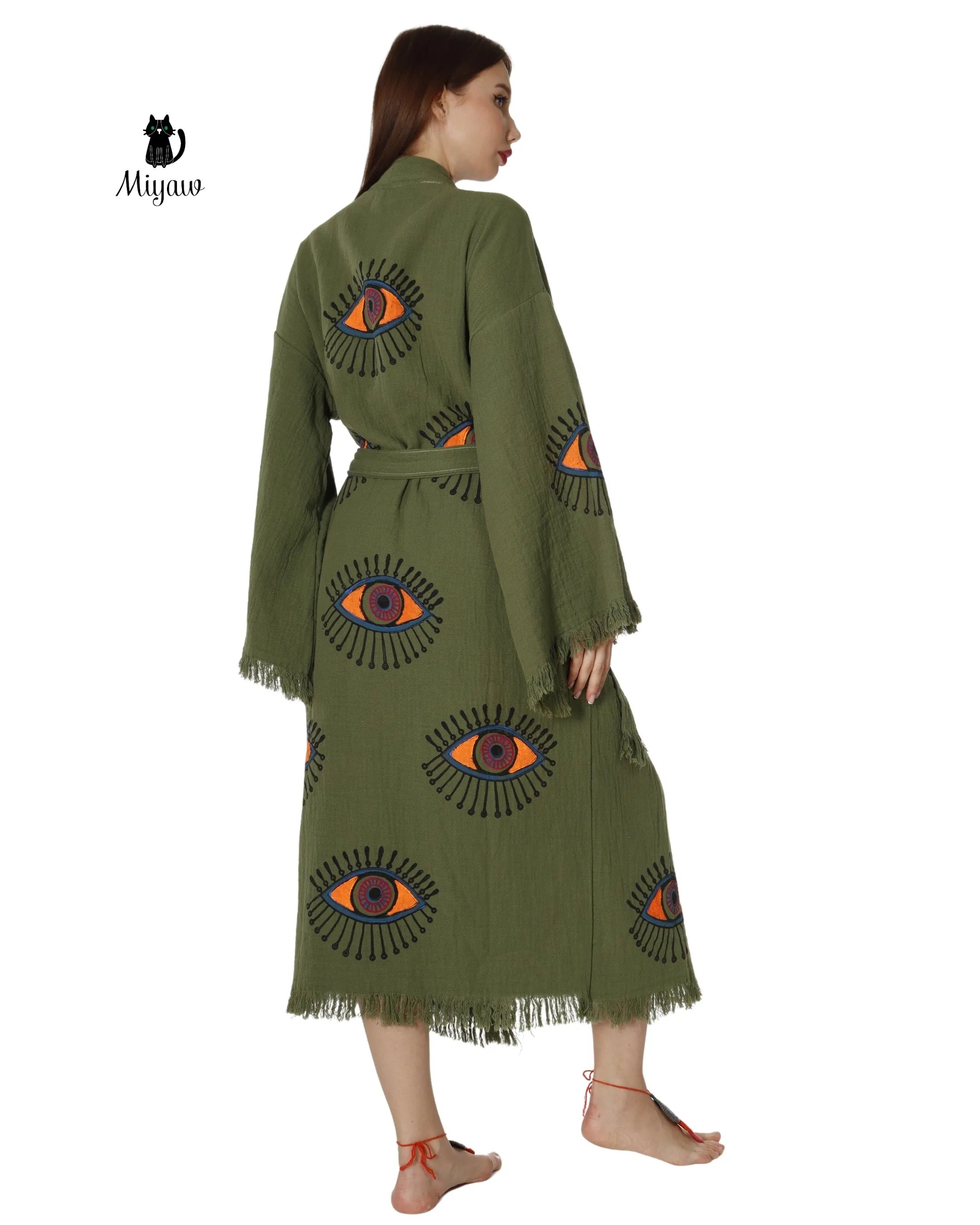 Boho Chic Green Organic Cotton Robe with Evil Eye Print sold by Miyaw Fashion product image thumbnail 5