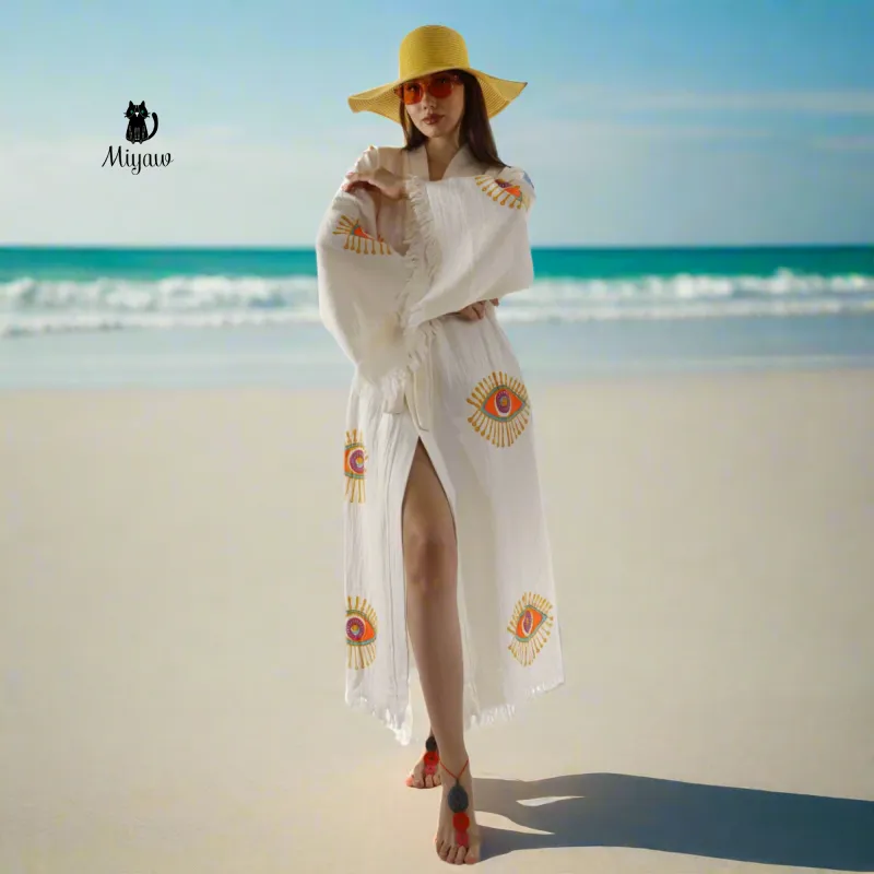 Wholesale Organic Cotton Duster – Neon Eye Kimono Robe sold by Miyaw Fashion