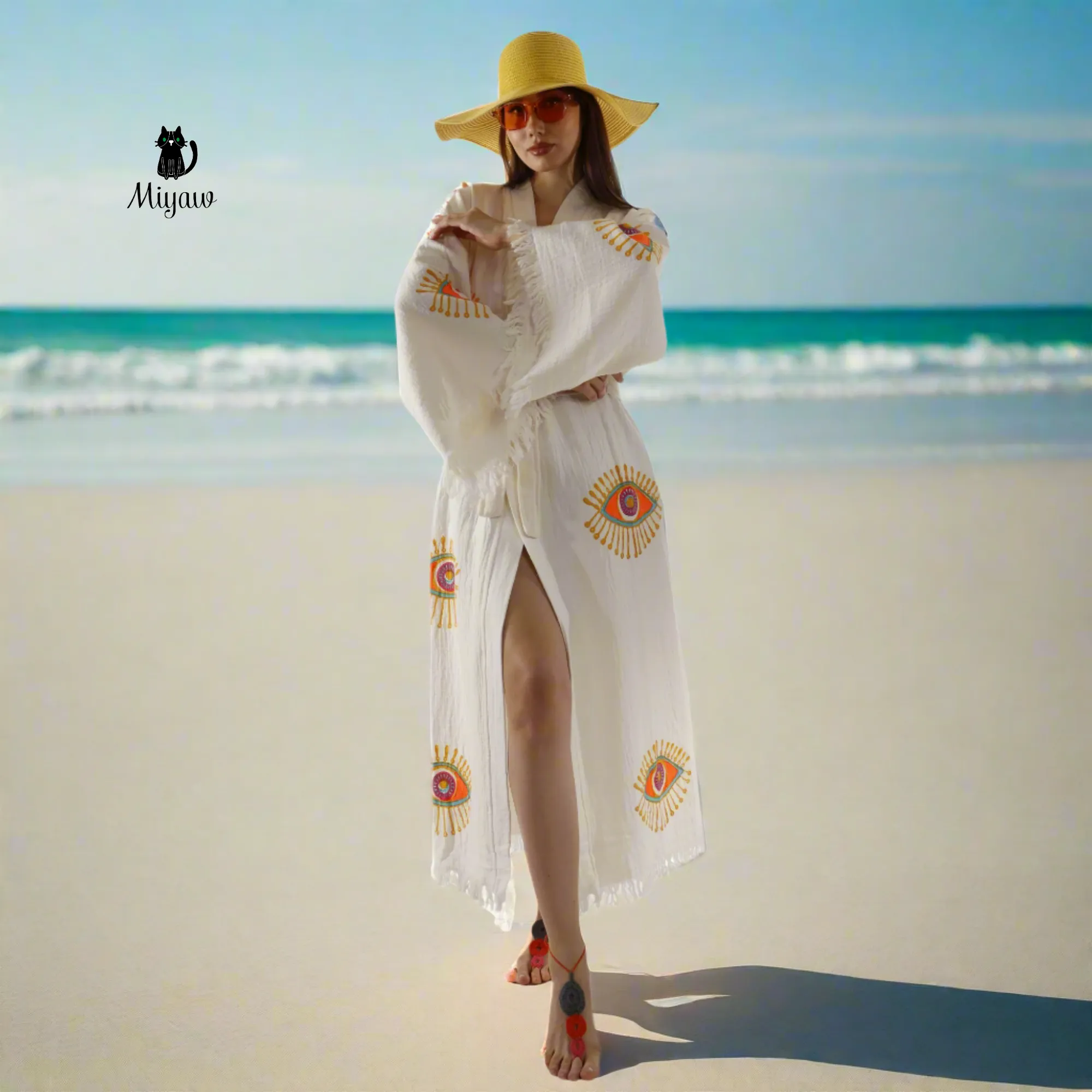 Wholesale Organic Cotton Duster – Neon Eye Kimono Robe sold by Miyaw Fashion