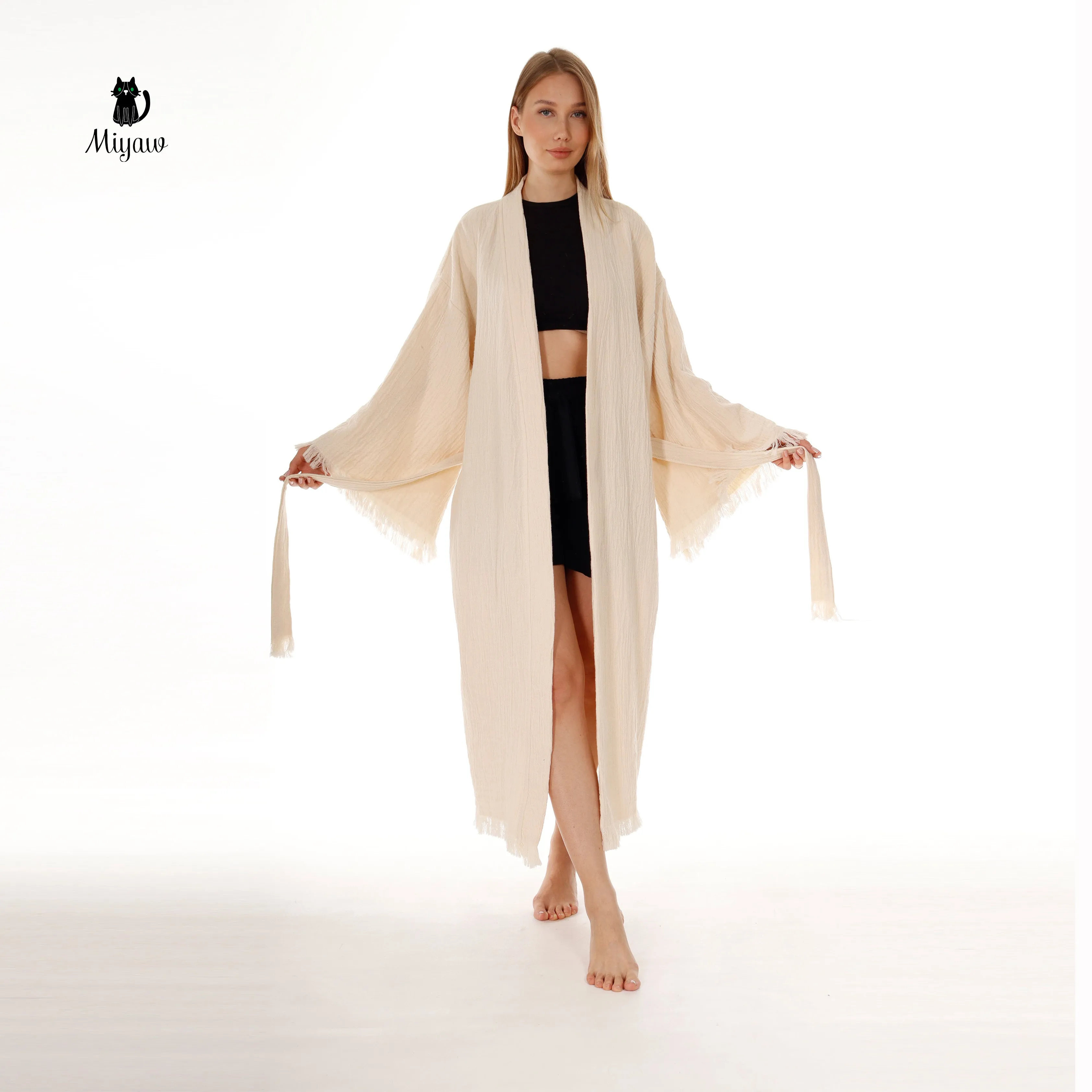 Bohemian Cotton Plain Kaftan Kimono with Fringes sold by Miyaw Fashion product image thumbnail 3