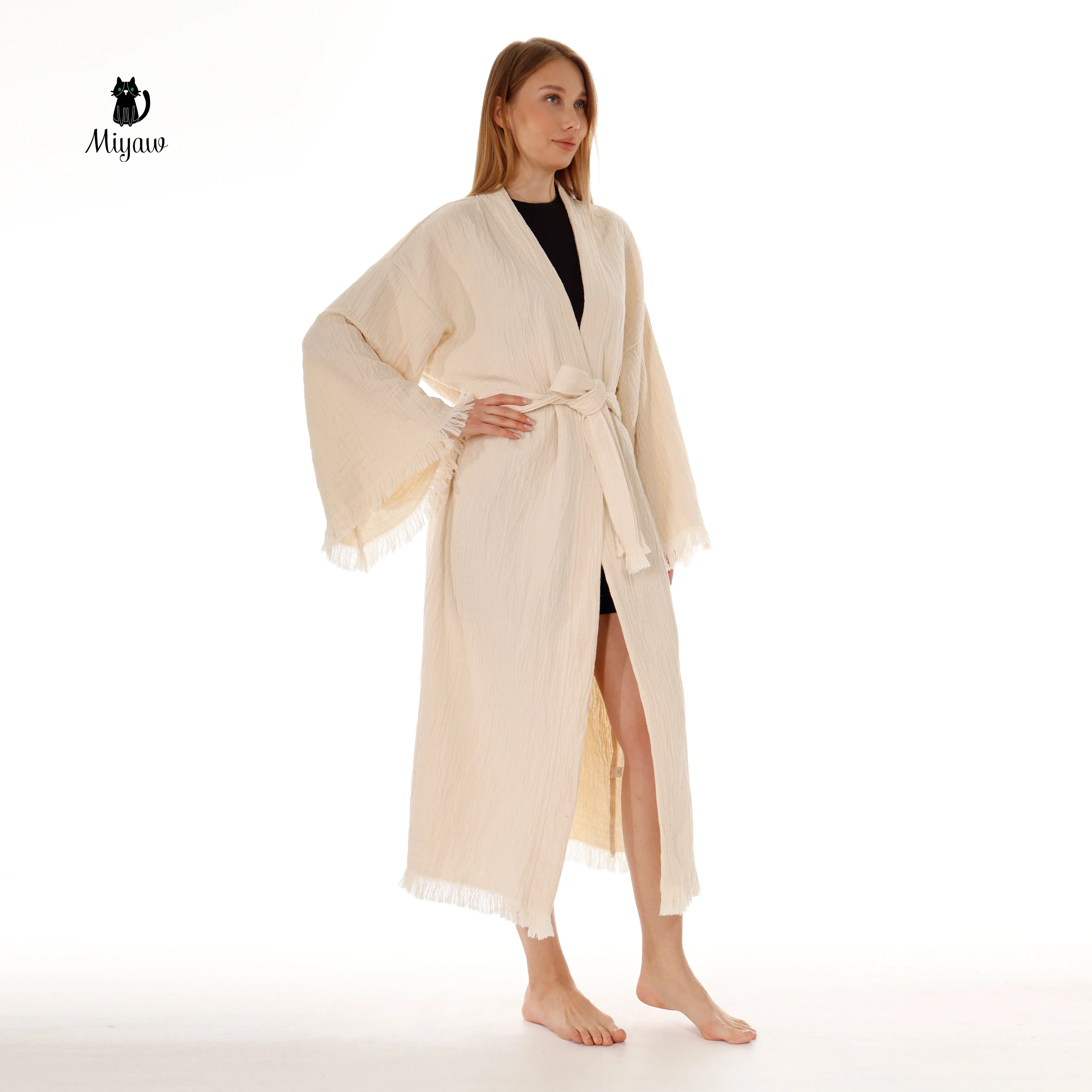 Bohemian Cotton Plain Kaftan Kimono with Fringes sold by Miyaw Fashion product image thumbnail 2