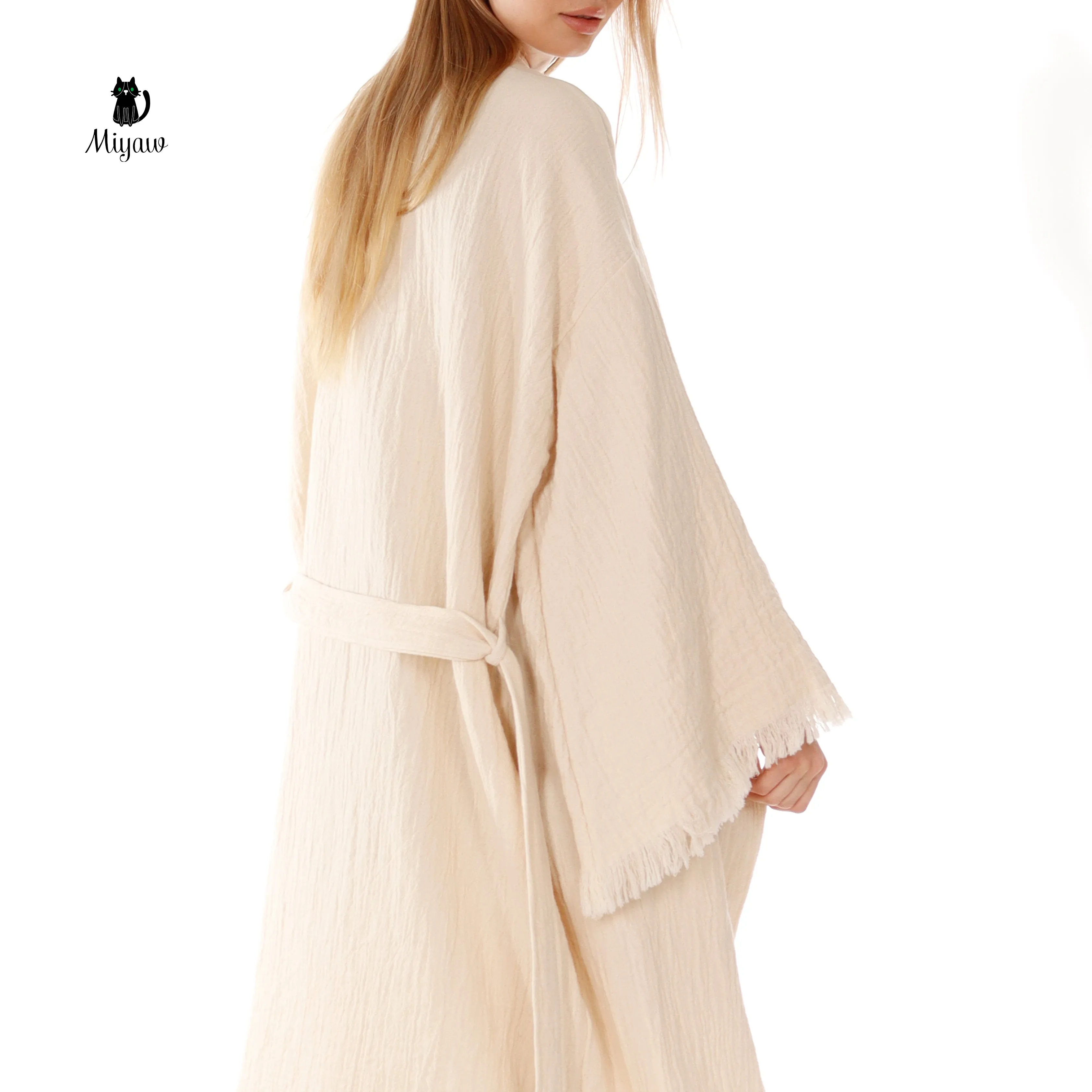 Bohemian Cotton Plain Kaftan Kimono with Fringes sold by Miyaw Fashion