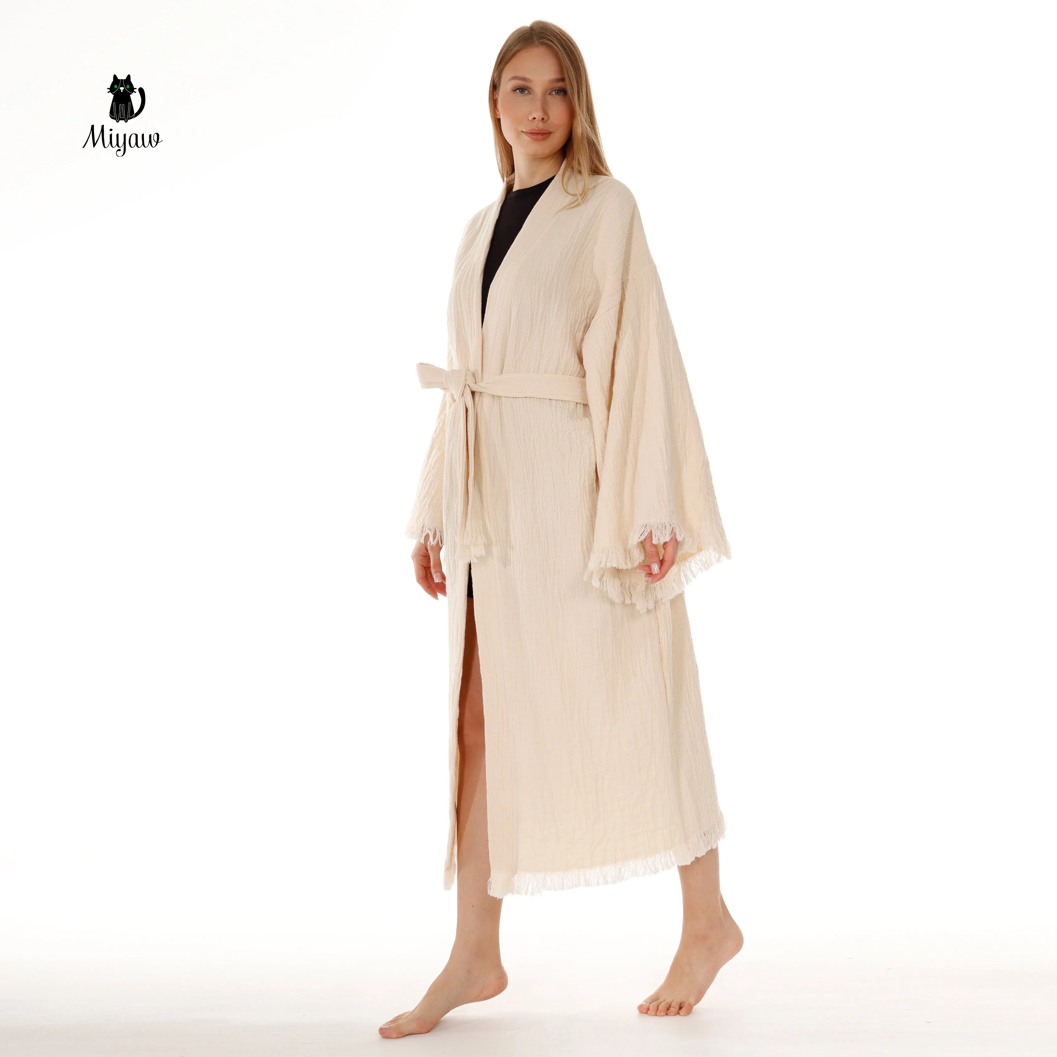 Bohemian Cotton Plain Kaftan Kimono with Fringes sold by Miyaw Fashion product image thumbnail 4