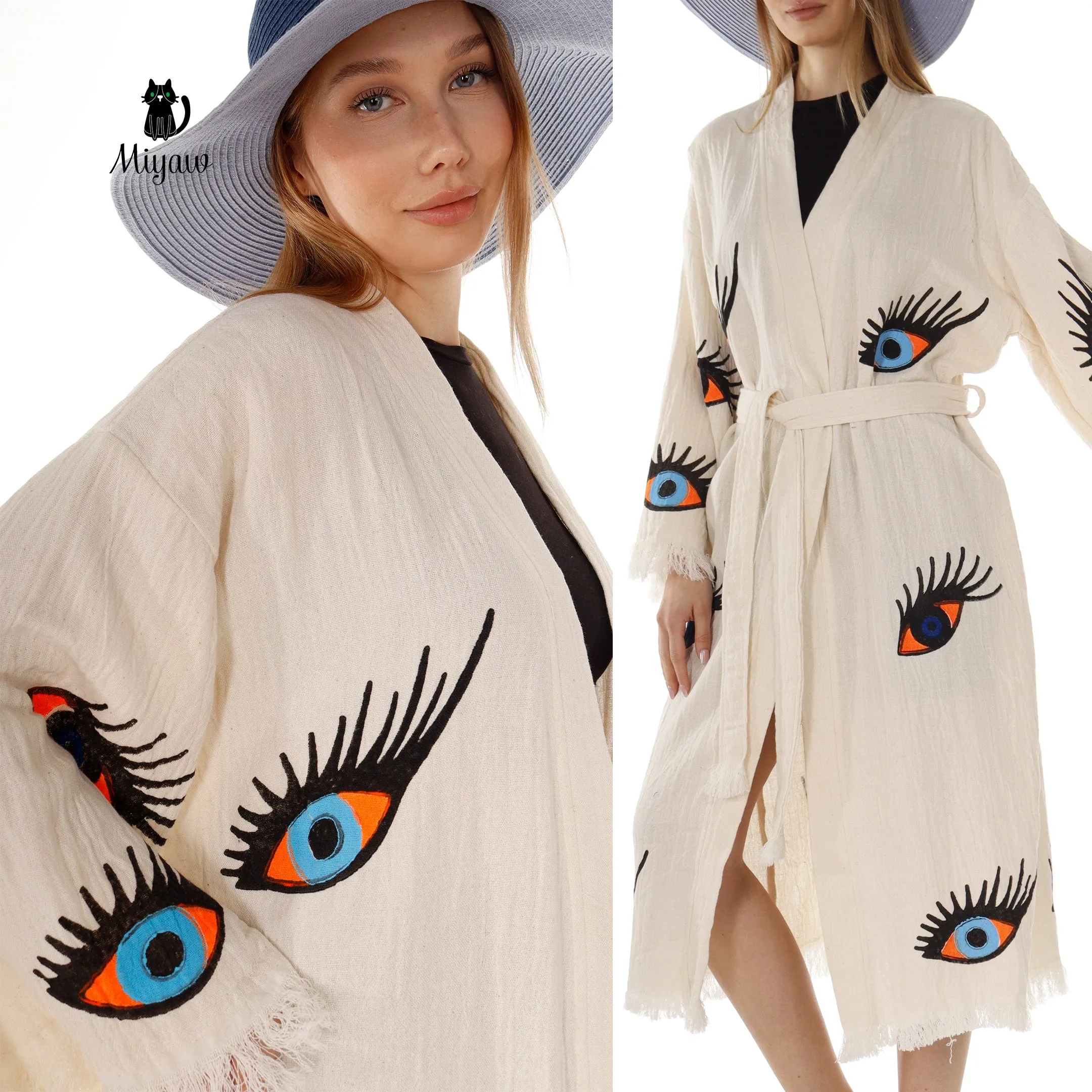 Organic Cotton Evil Eye Kaftan, Kimono Robe for Home sold by Miyaw Fashion