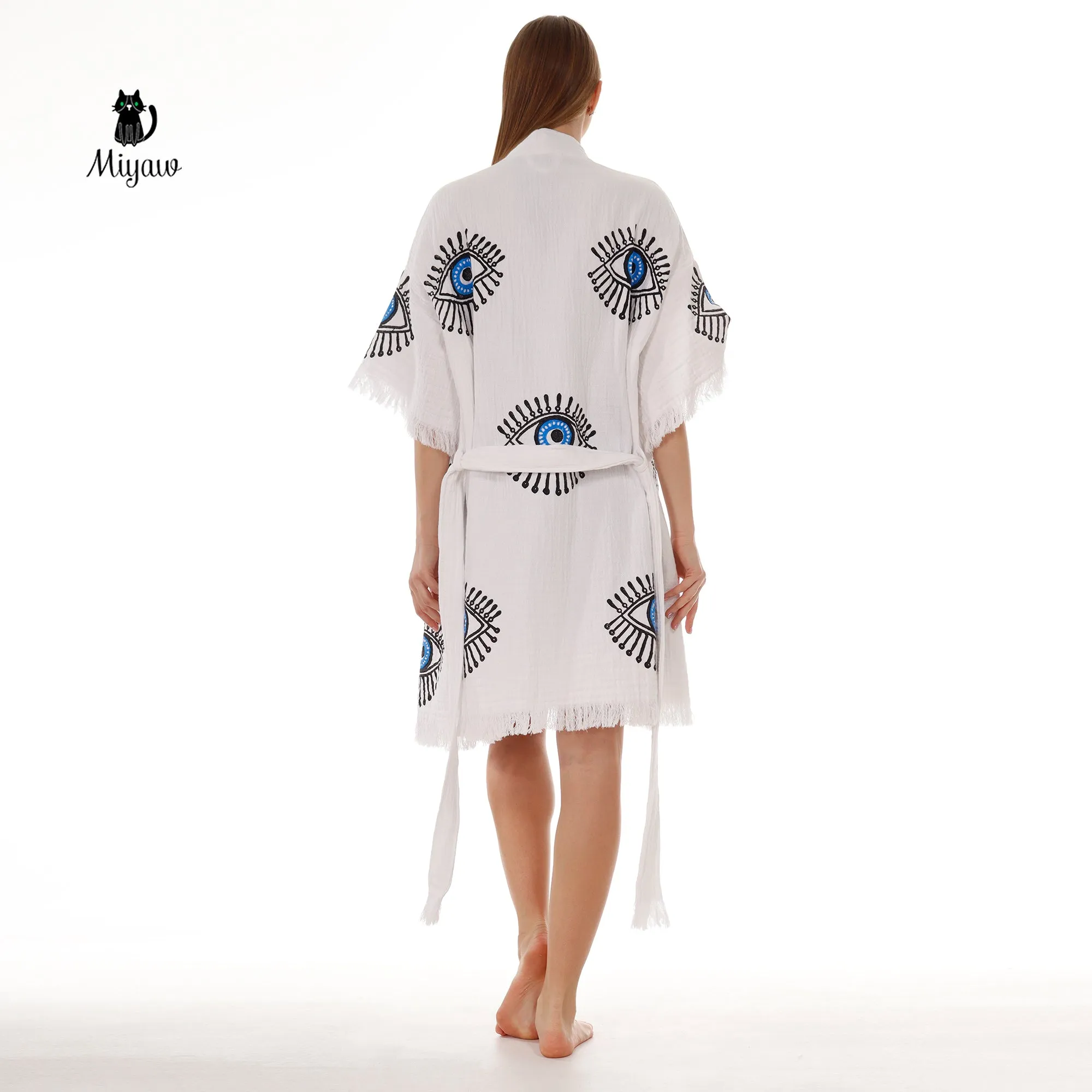 Cotton Short Sleeve Handmade Evil Eye Kimono Robe in White sold by Miyaw Fashion product image thumbnail 4