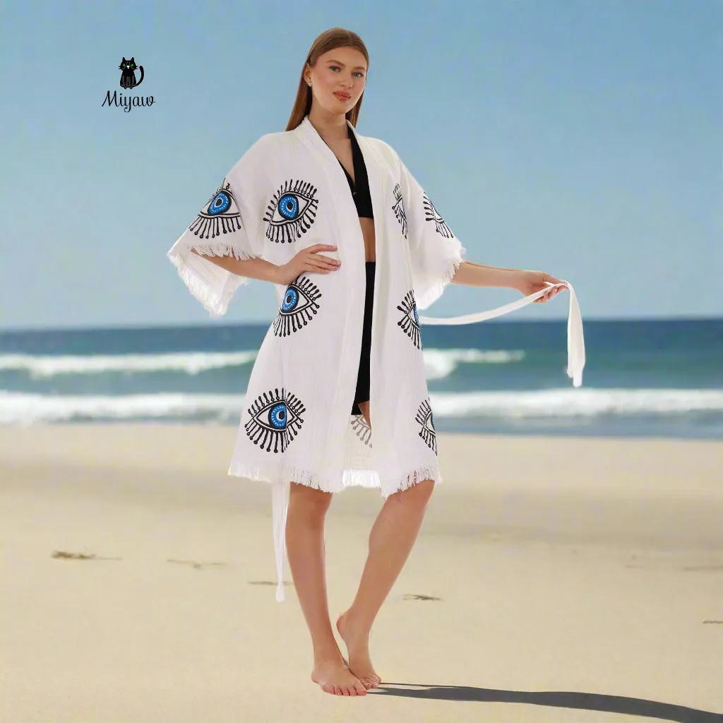 Cotton Short Sleeve Handmade Evil Eye Kimono Robe in White sold by Miyaw Fashion