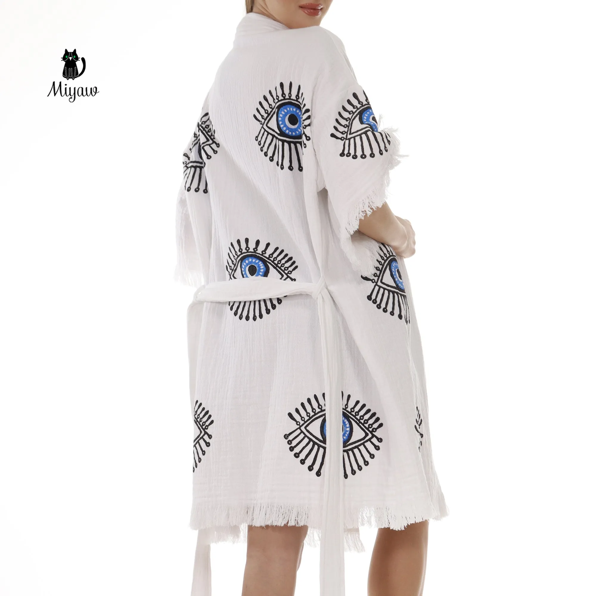 Cotton Short Sleeve Handmade Evil Eye Kimono Robe in White sold by Miyaw Fashion product image thumbnail 3