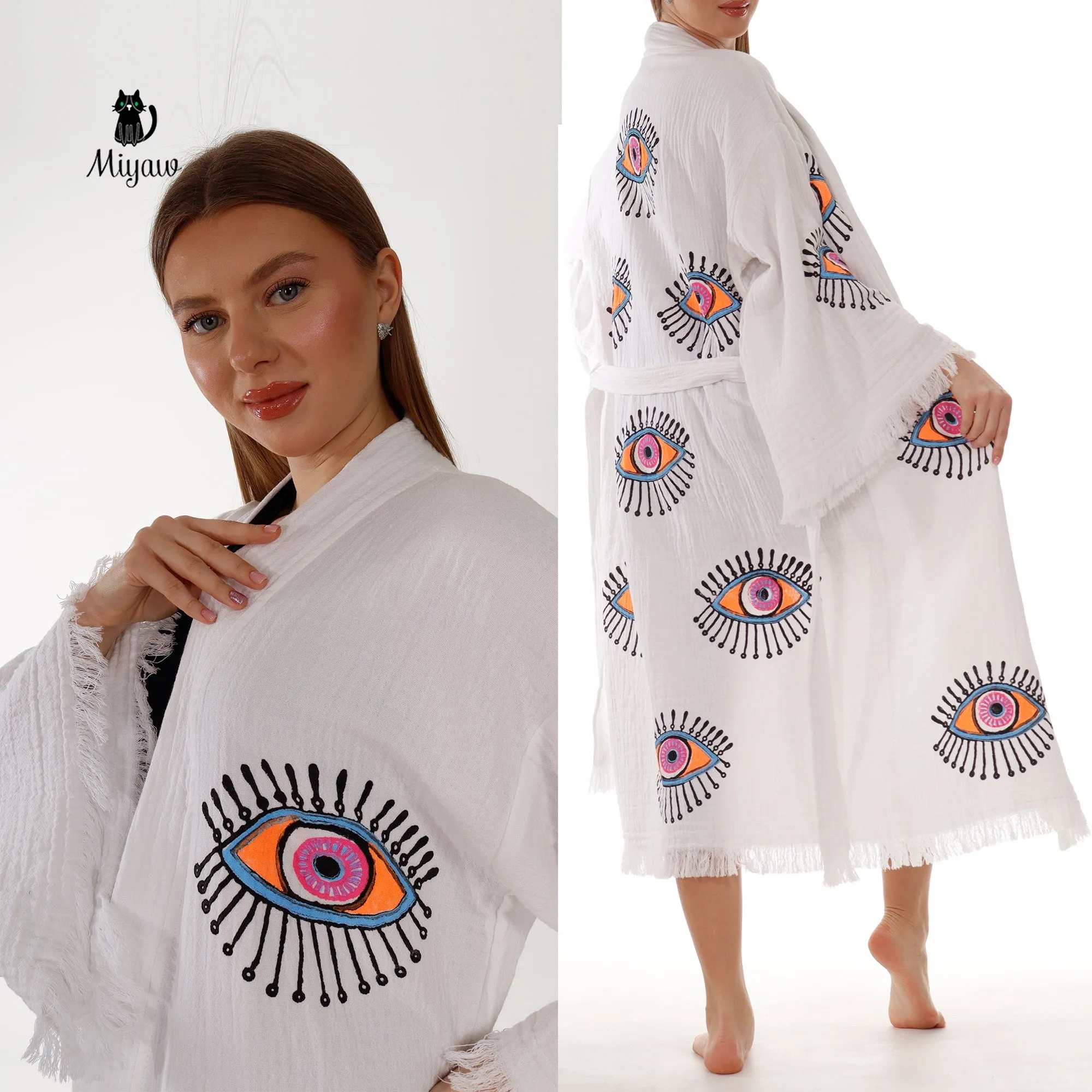 Handcrafted Eye Stamped Kimono Robe in White sold by Miyaw Fashion