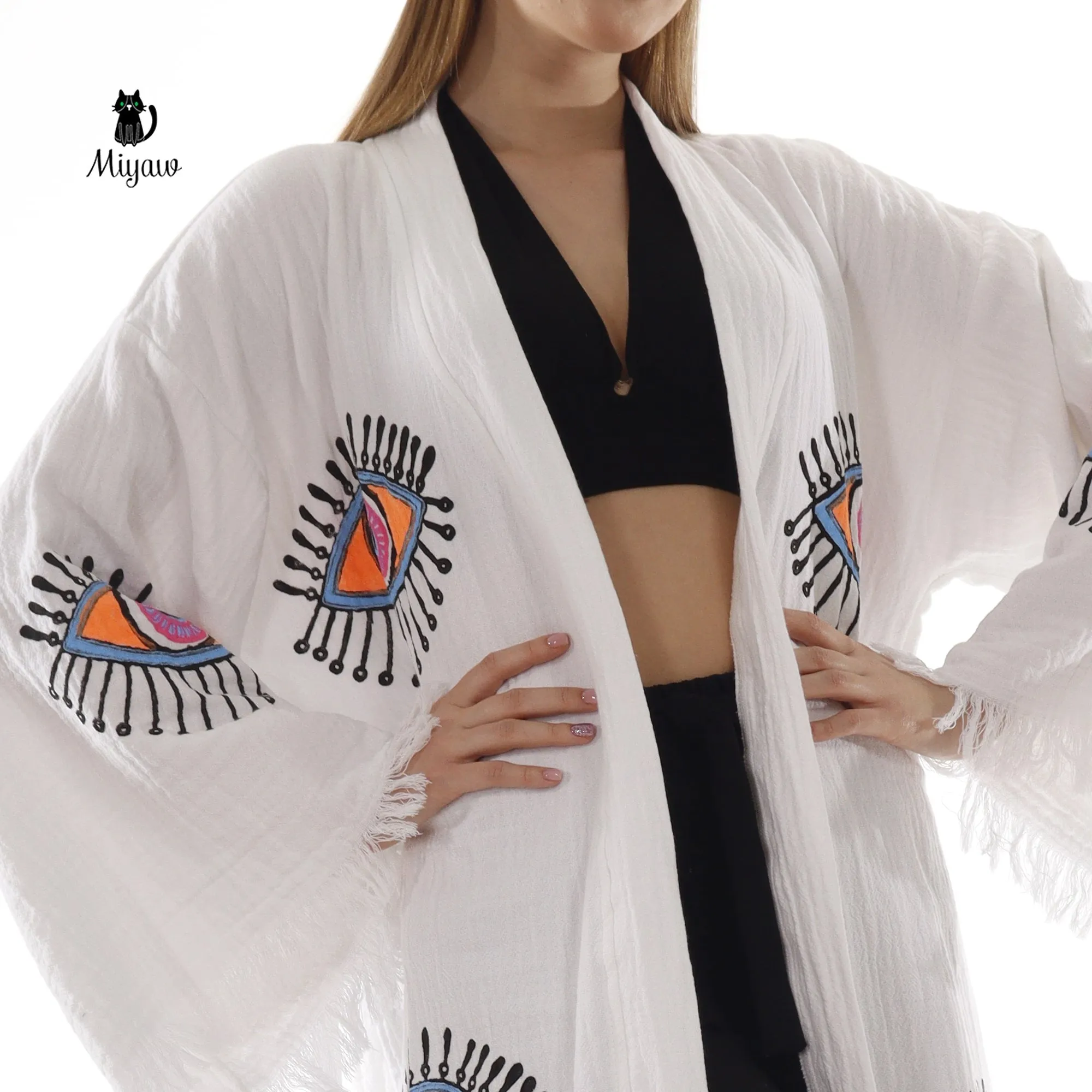 Handcrafted Eye Stamped Kimono Robe in White sold by Miyaw Fashion product image thumbnail 2