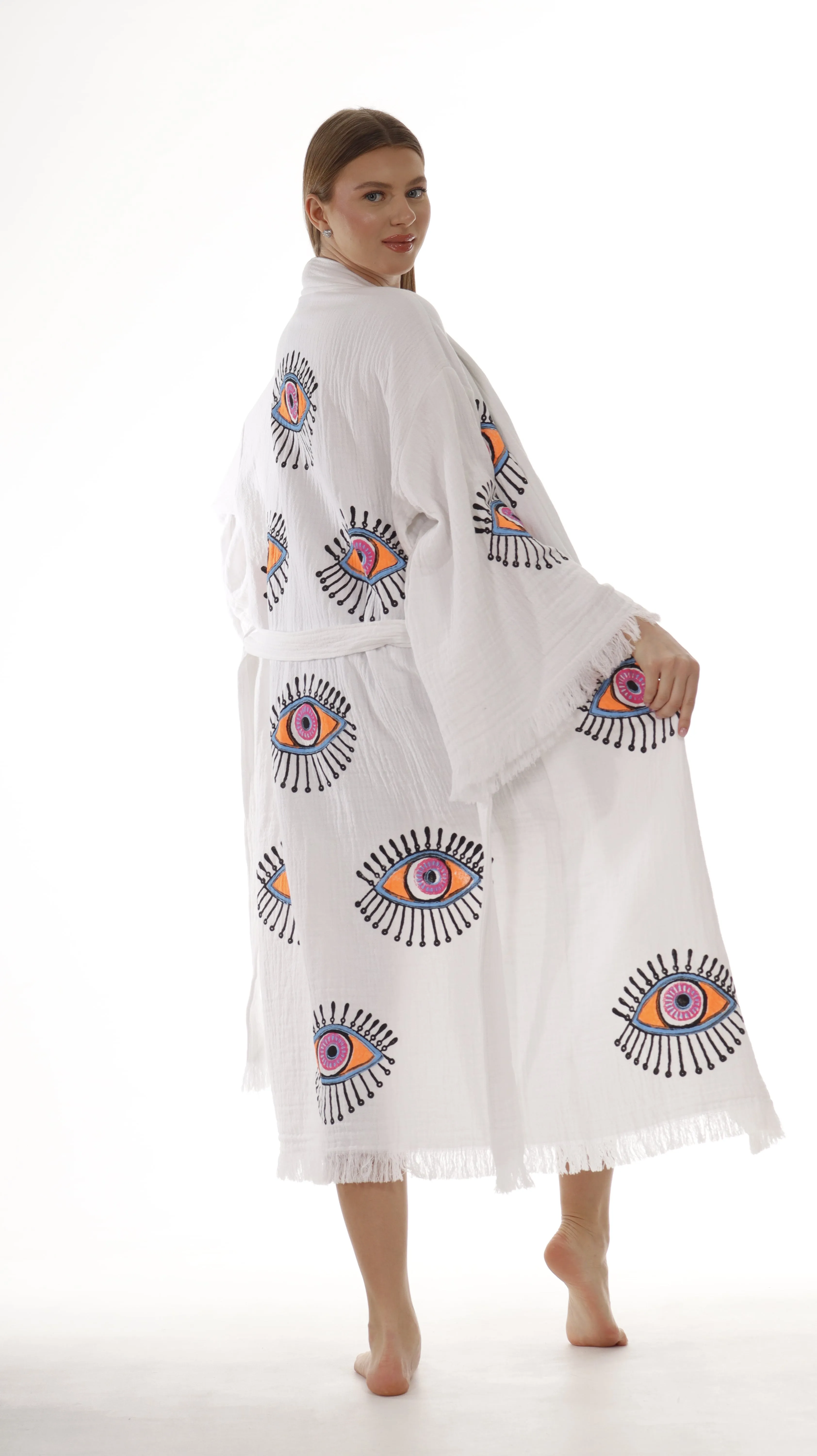 Handcrafted Eye Stamped Kimono Robe in White sold by Miyaw Fashion product image thumbnail 4