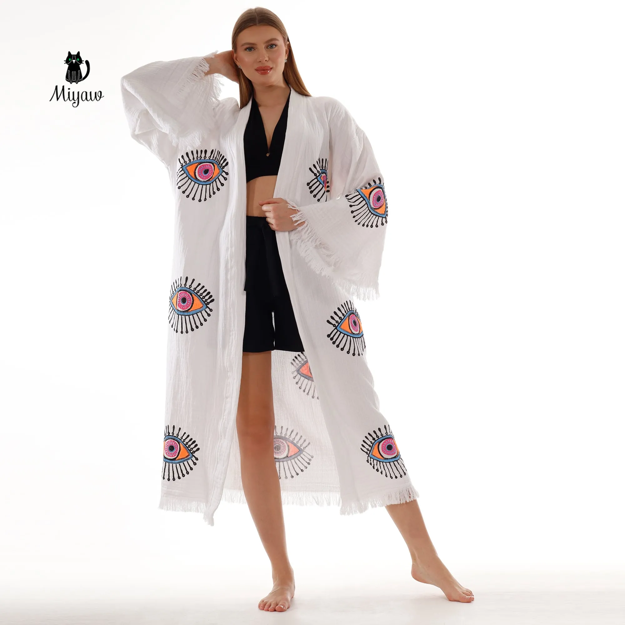 Handcrafted Eye Stamped Kimono Robe in White sold by Miyaw Fashion product image thumbnail 3