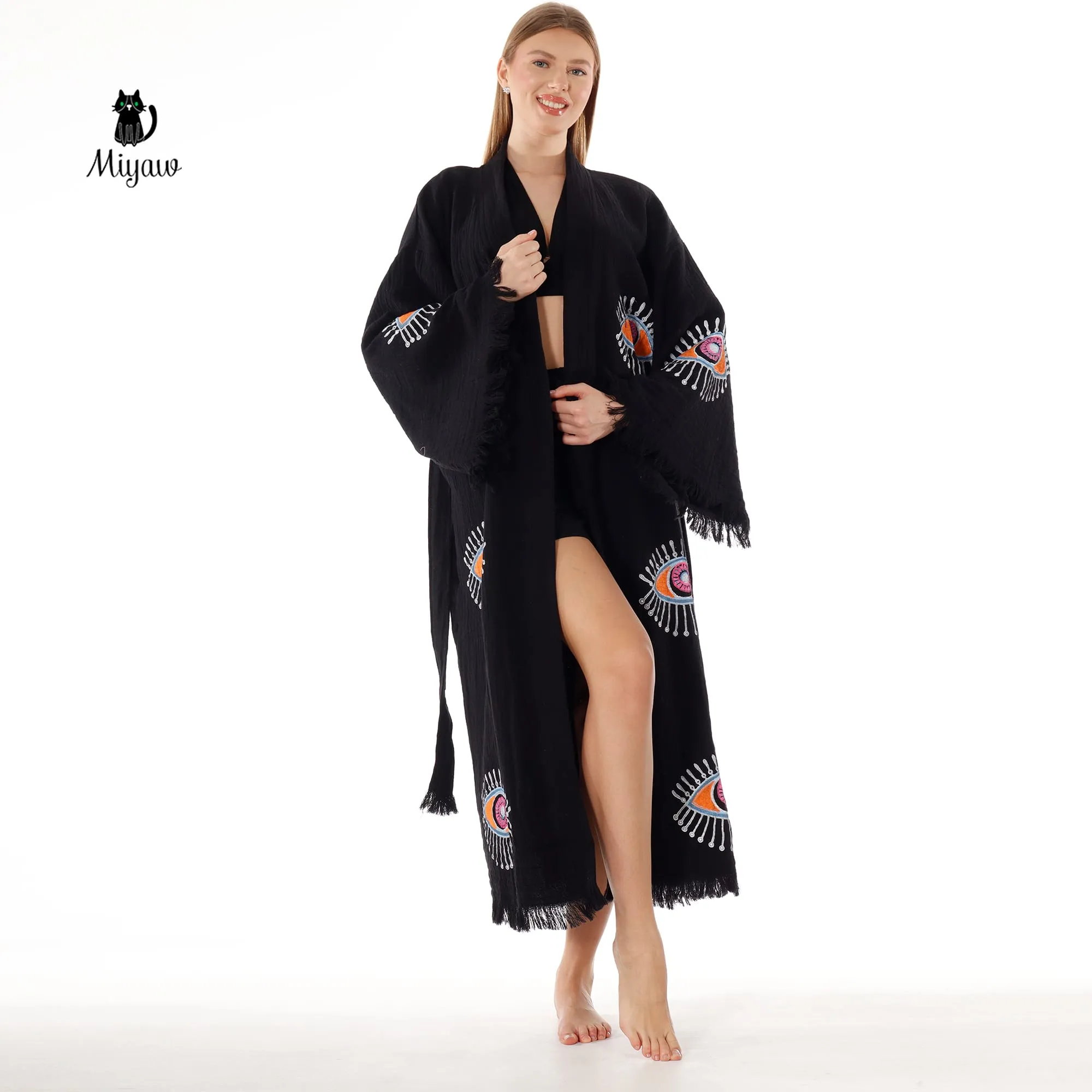 Handmade Evil Eye Stamped Kimono Robe in Black sold by Miyaw Fashion product image thumbnail 3