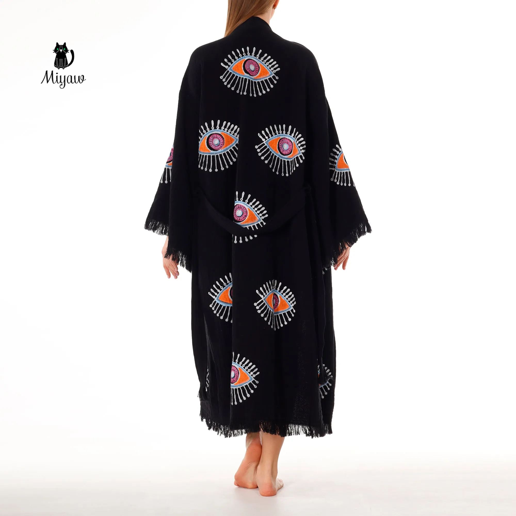 Handmade Evil Eye Stamped Kimono Robe in Black sold by Miyaw Fashion