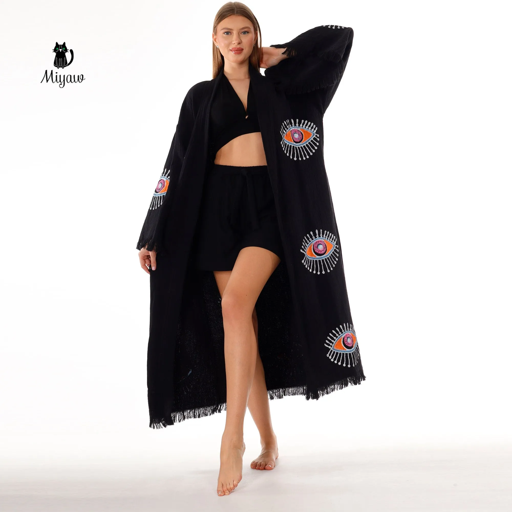 Handmade Evil Eye Stamped Kimono Robe in Black sold by Miyaw Fashion product image thumbnail 4