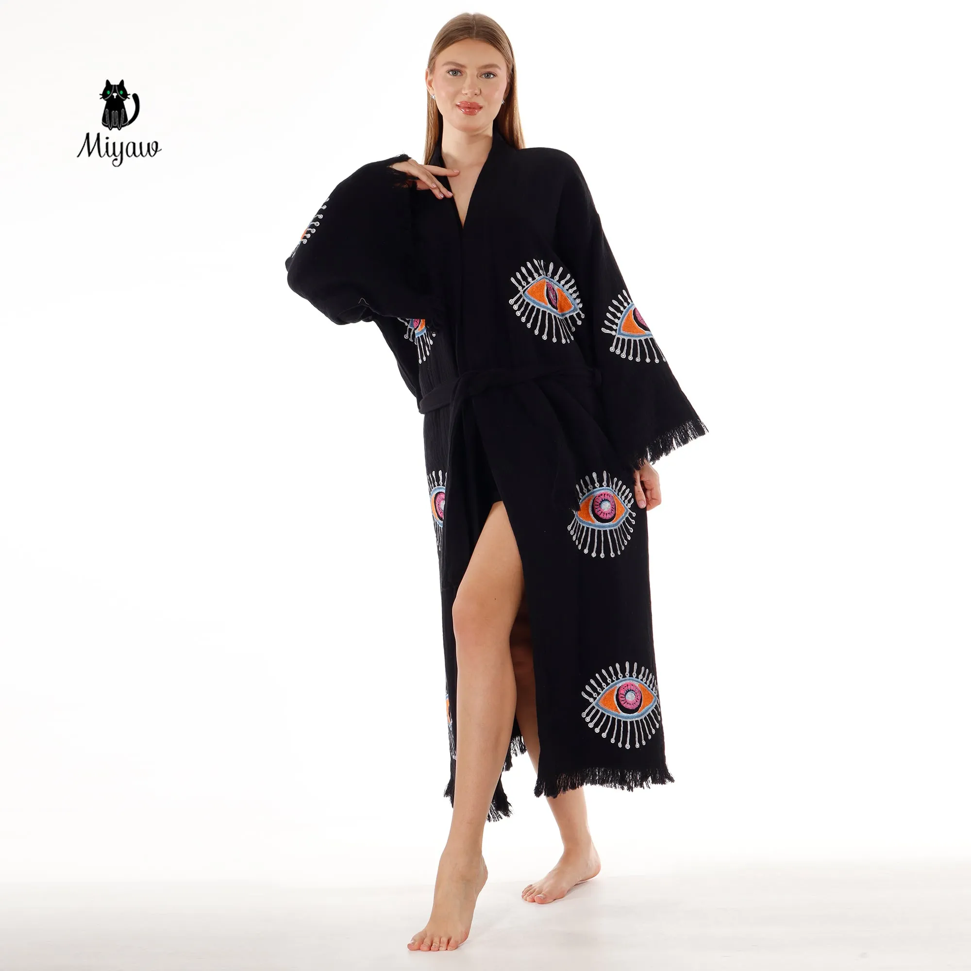 Handmade Evil Eye Stamped Kimono Robe in Black sold by Miyaw Fashion product image thumbnail 5