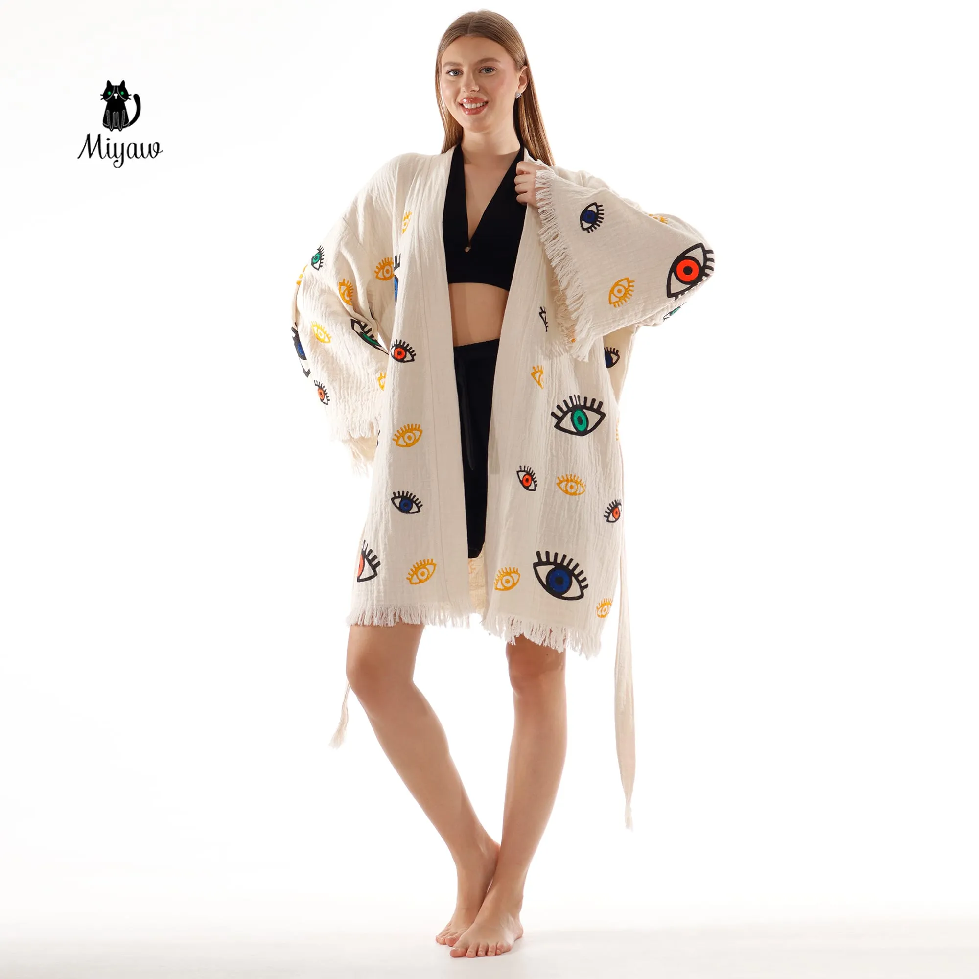 Bulk Organic Cotton Handcrafted Colorful Eyes Kimono sold by Miyaw Fashion product image thumbnail 4