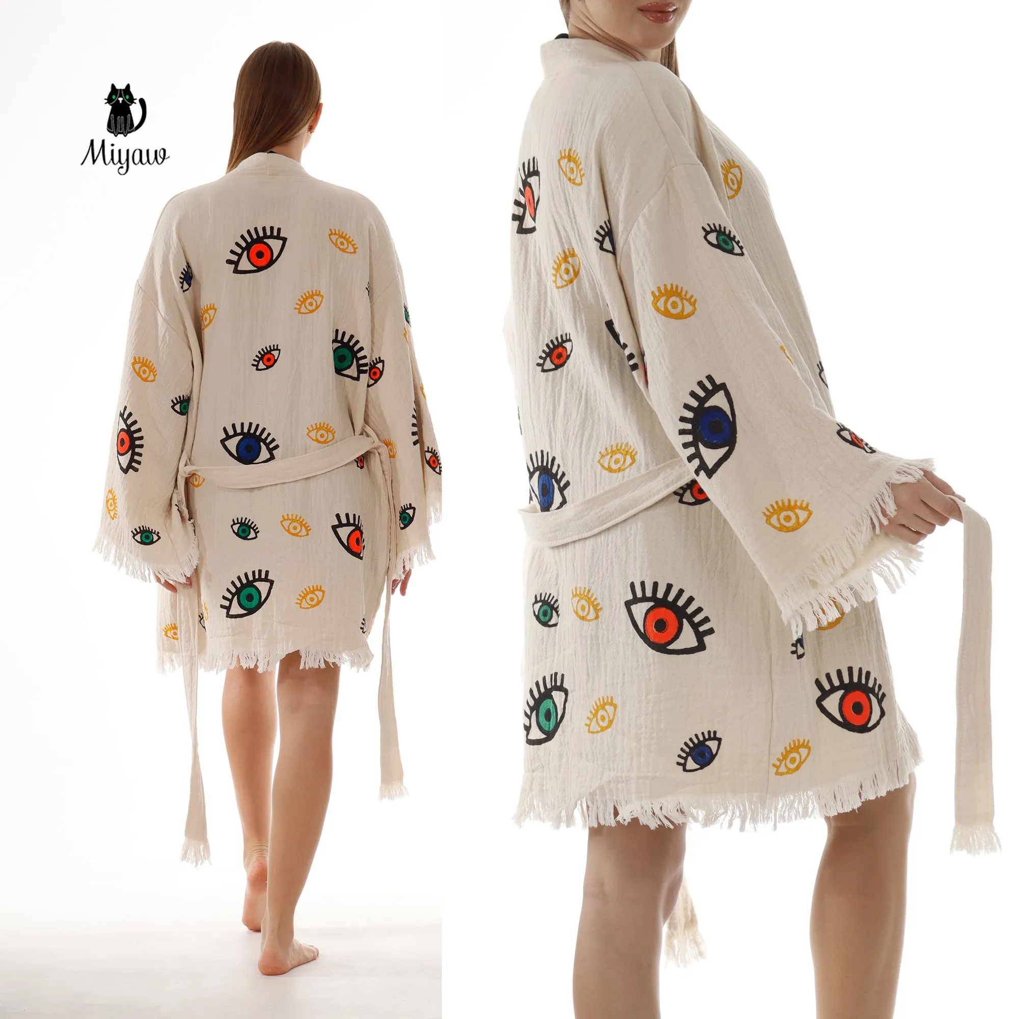 Bulk Organic Cotton Handcrafted Colorful Eyes Kimono sold by Miyaw Fashion