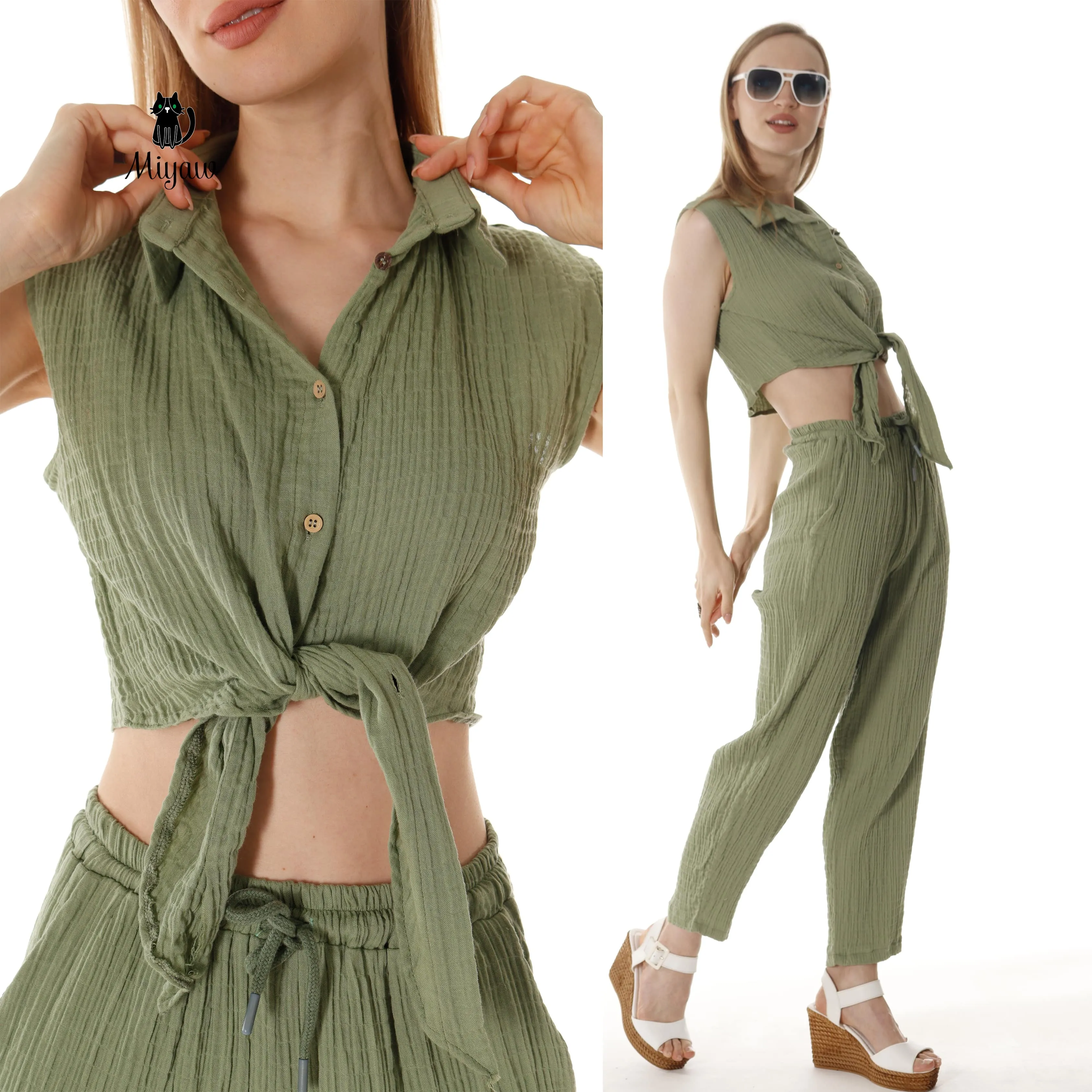 Wholesale Cotton Button-Up Crop Top and Pants Outfits Set sold by Miyaw Fashion product image thumbnail 2