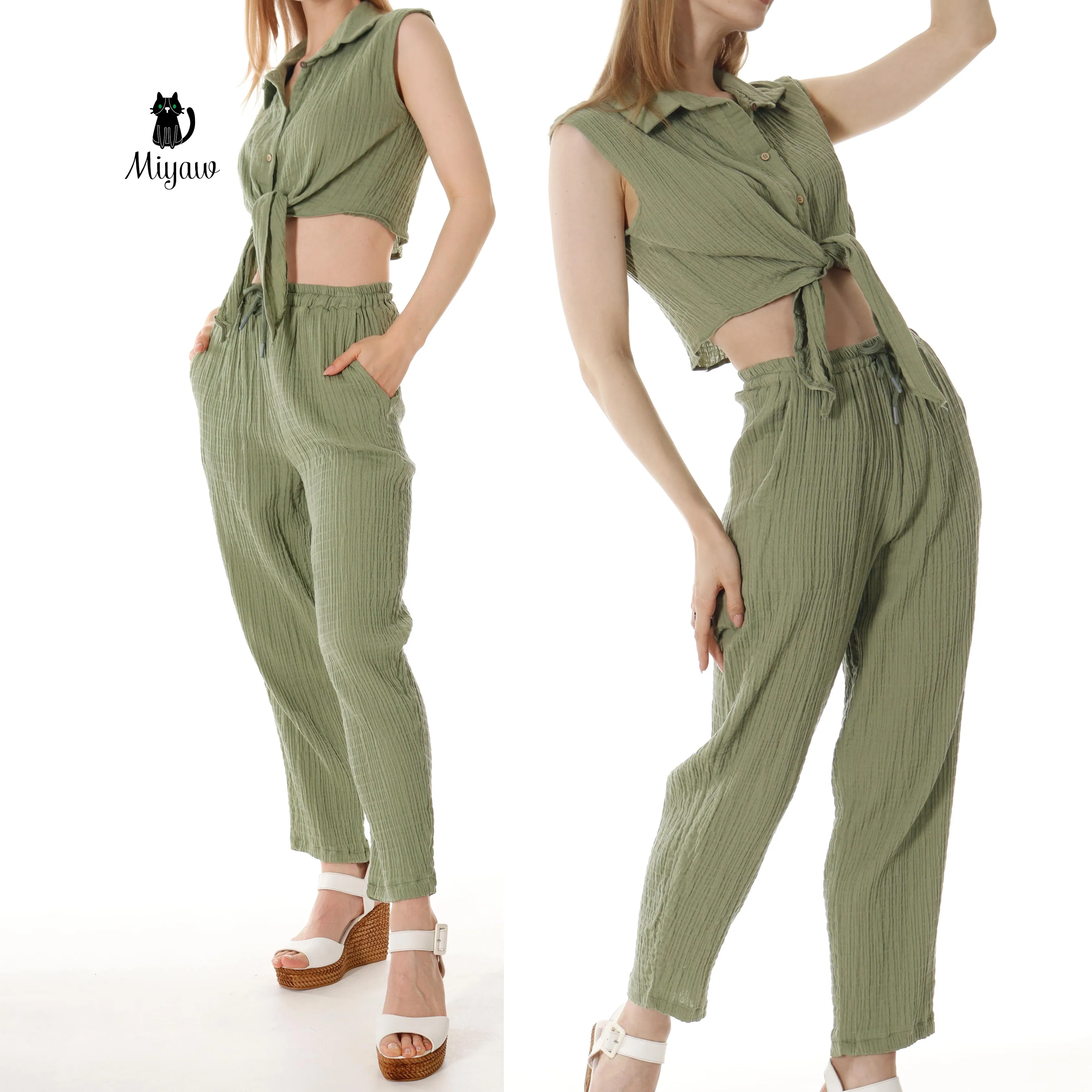 Wholesale Cotton Button-Up Crop Top and Pants Outfits Set sold by Miyaw Fashion