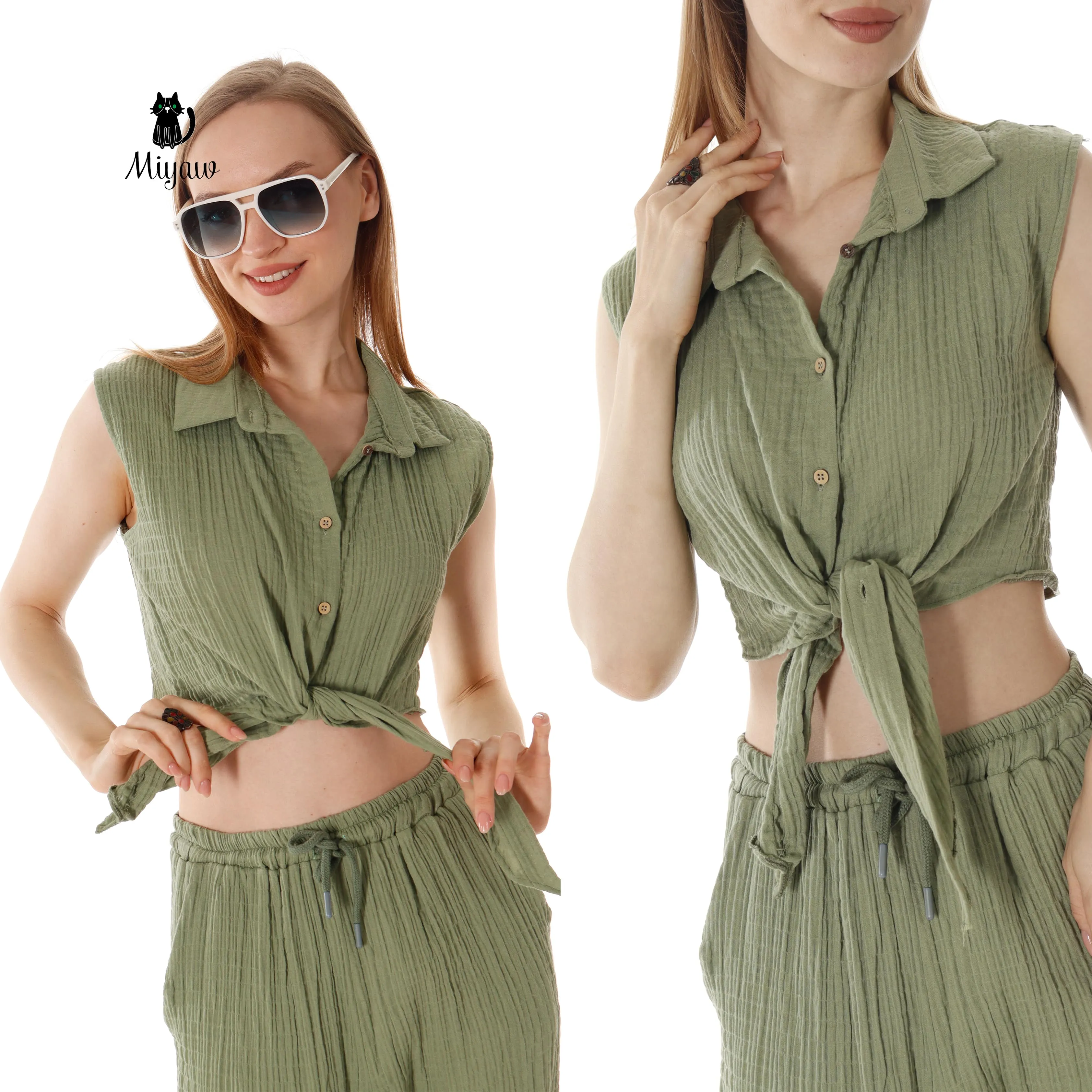 Wholesale Cotton Button-Up Crop Top and Pants Outfits Set sold by Miyaw Fashion product image thumbnail 3