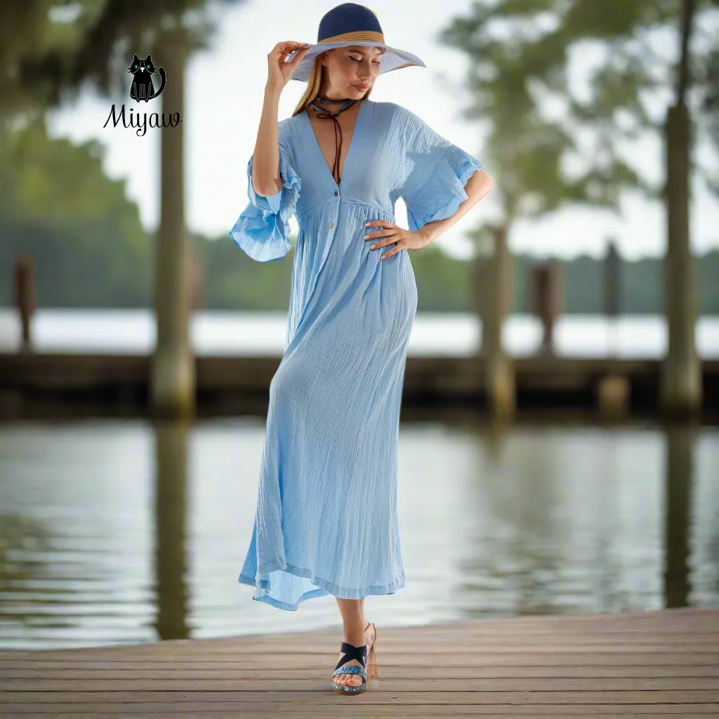 Boho Maxi Dress, Bohemian Blue Cotton Dress sold by Miyaw Fashion