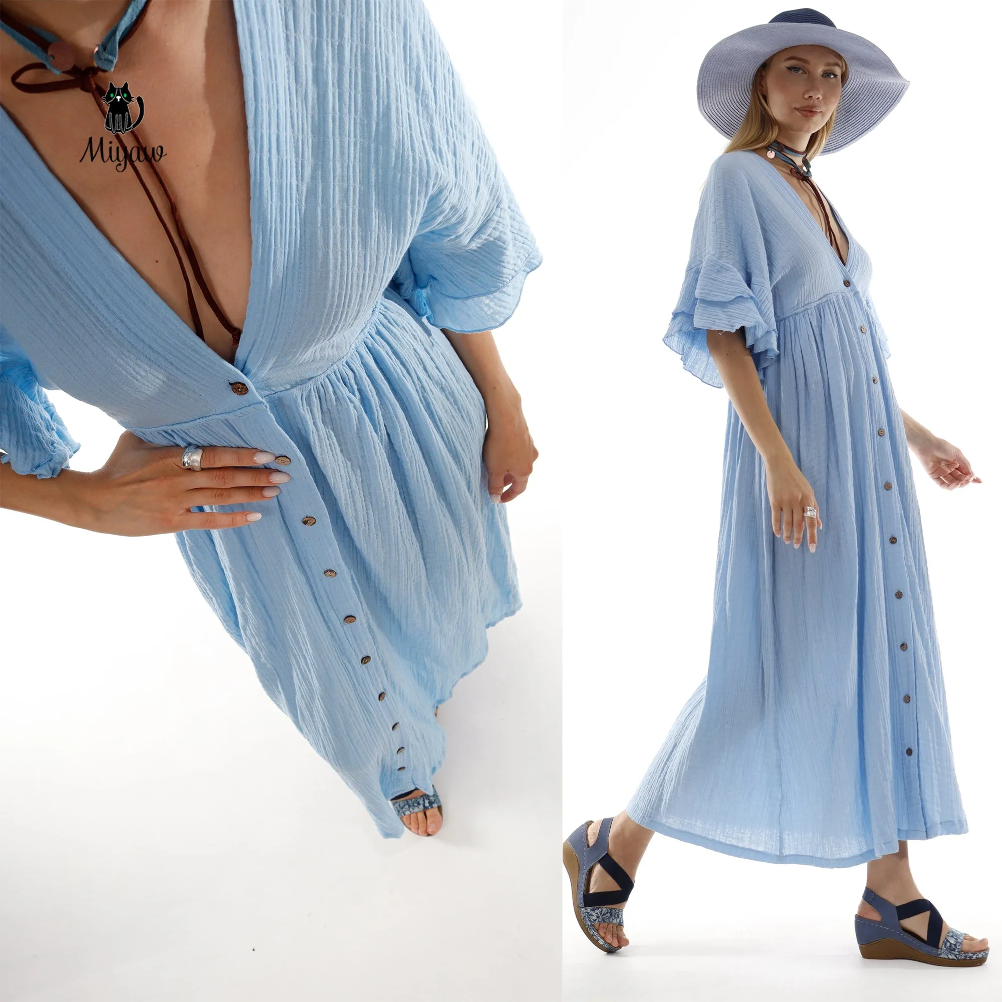Boho Maxi Dress, Bohemian Blue Cotton Dress sold by Miyaw Fashion product image thumbnail 5