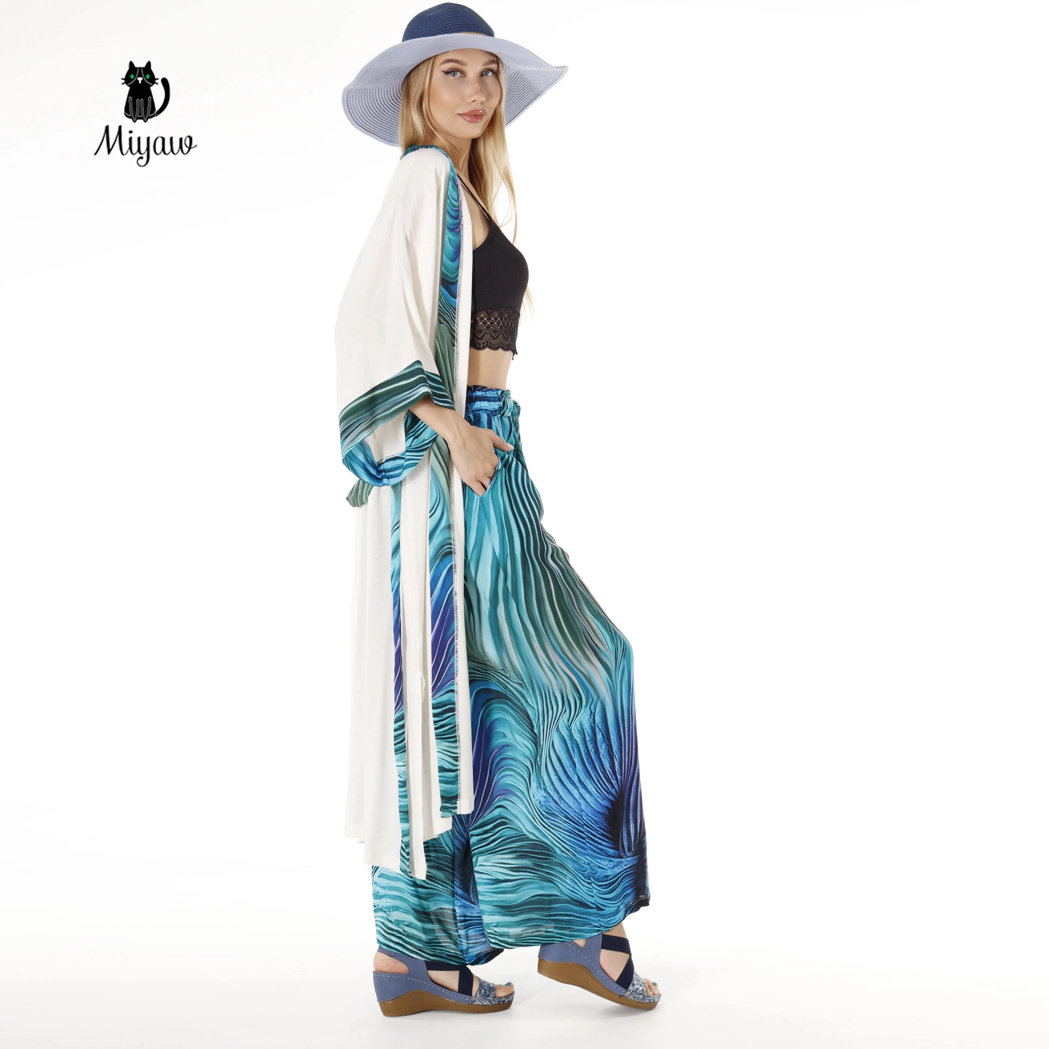 Resort Linen Cover Up, Linen Kimono Robe with blue belt sold by Miyaw Fashion product image thumbnail 3