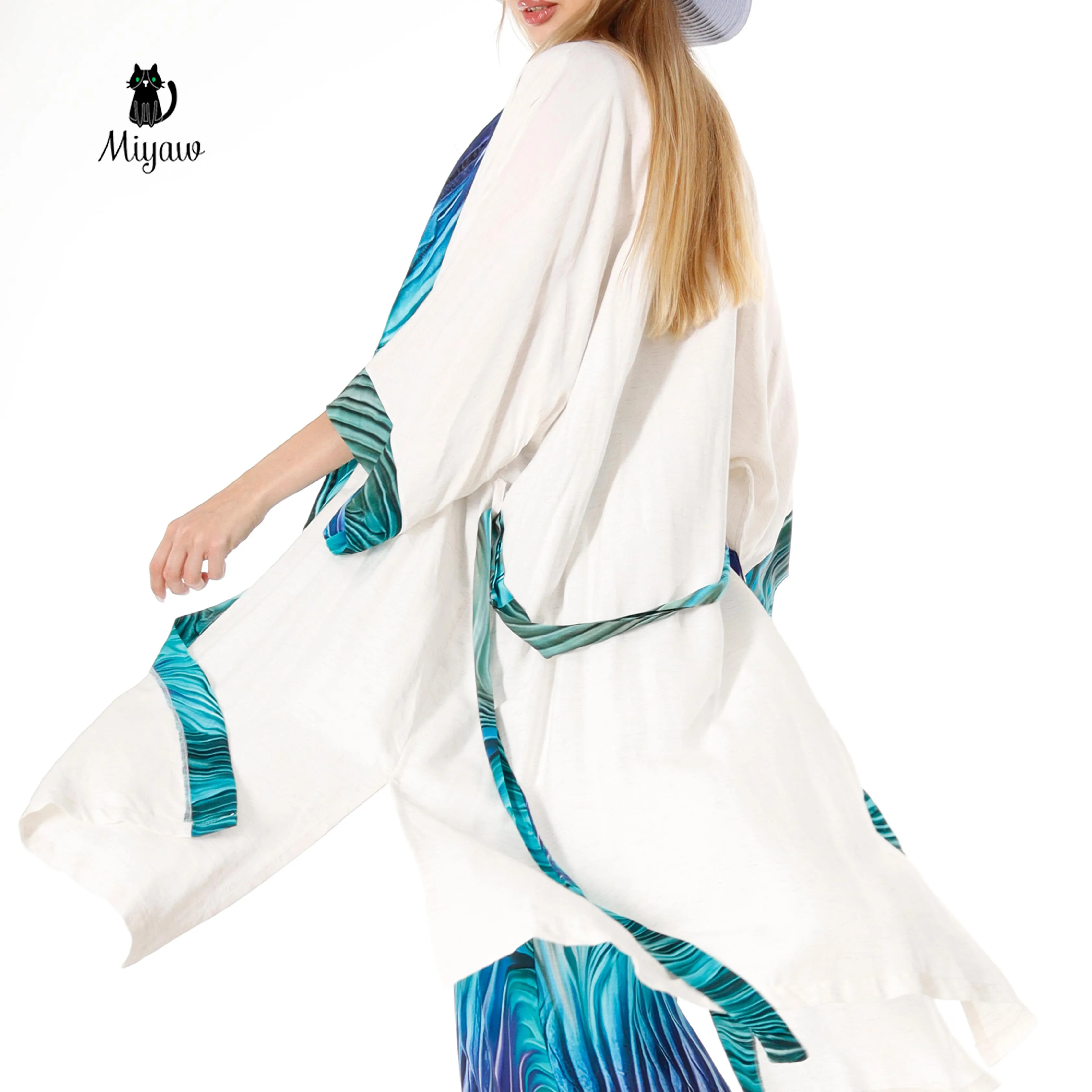 Resort Linen Cover Up, Linen Kimono Robe with blue belt sold by Miyaw Fashion