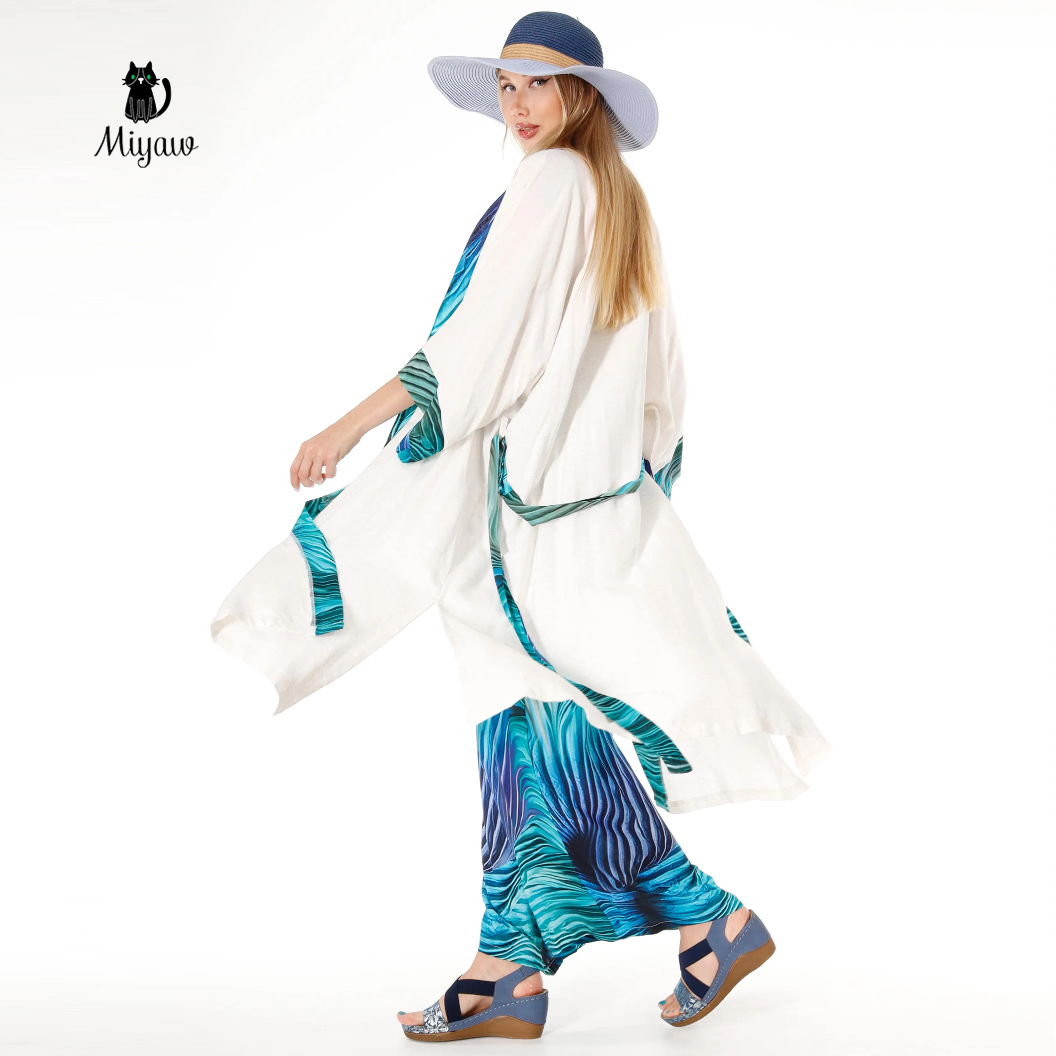 Resort Linen Cover Up, Linen Kimono Robe with blue belt sold by Miyaw Fashion product image thumbnail 4