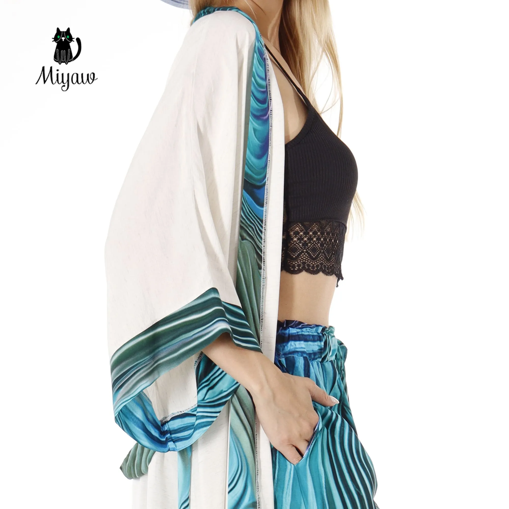 Resort Linen Cover Up, Linen Kimono Robe with blue belt sold by Miyaw Fashion product image thumbnail 5