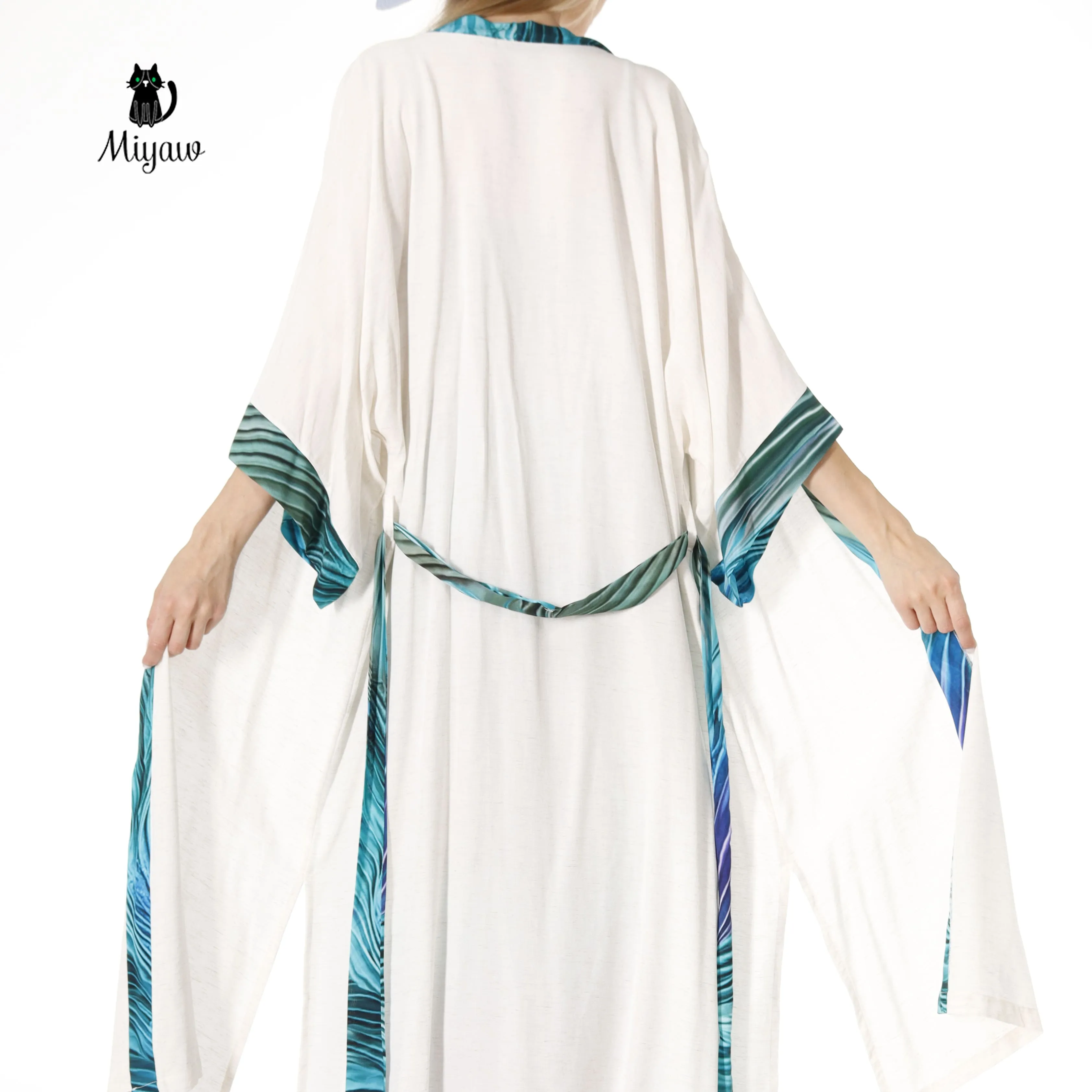 Resort Linen Cover Up, Linen Kimono Robe with blue belt sold by Miyaw Fashion product image thumbnail 2